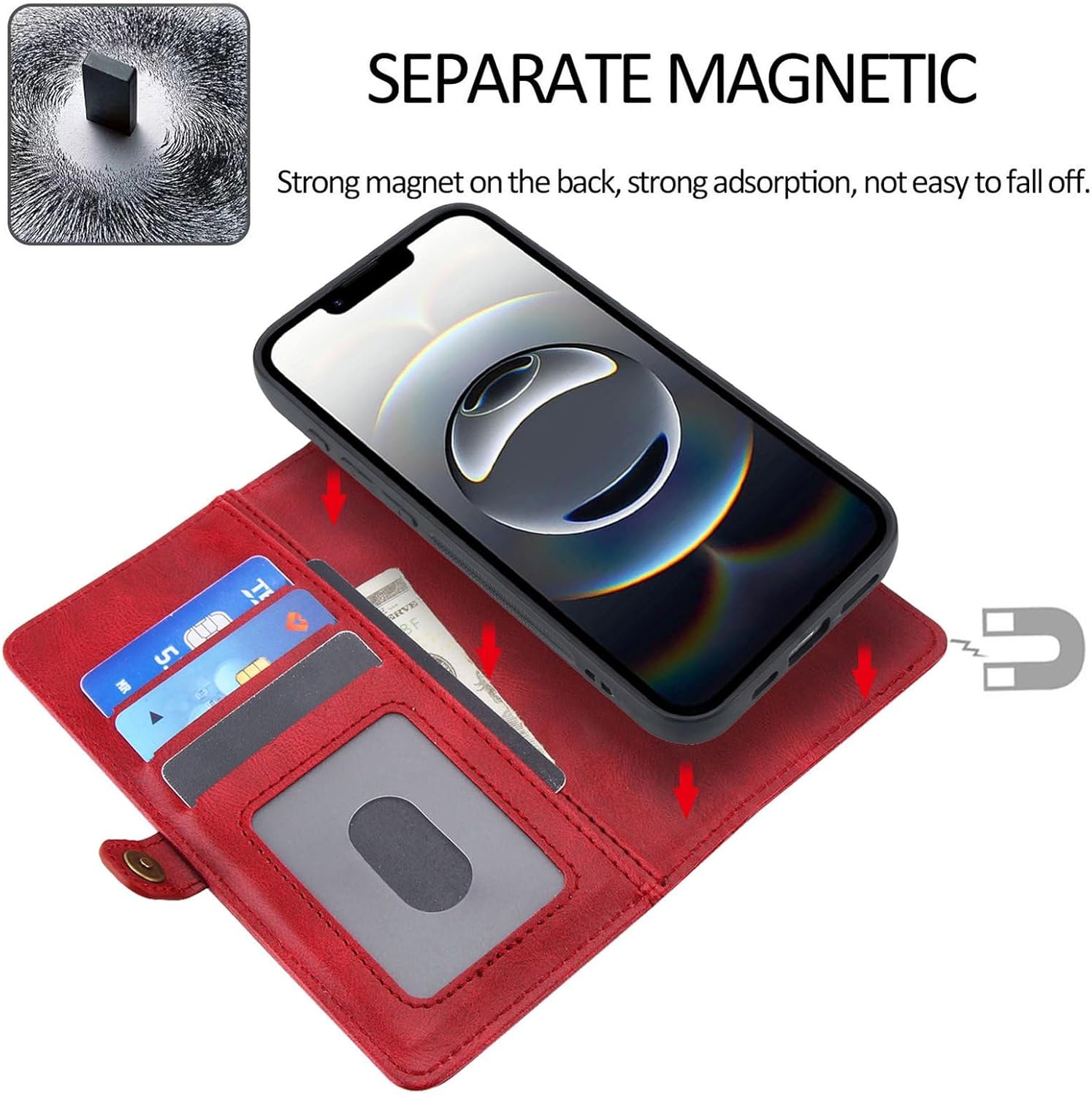 Wallet Case for iPhone 16 Plus, PU Leather Detachable Magnetic Flip Cover with Card Holders Wrist Strap - Red