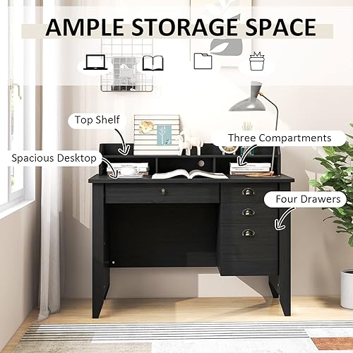 Miniatura 5 de Escritorio para computadora con cajones y gabinete, escritorio de madera para oficina en casa con estantes de almacenamiento, estación de trabajo de