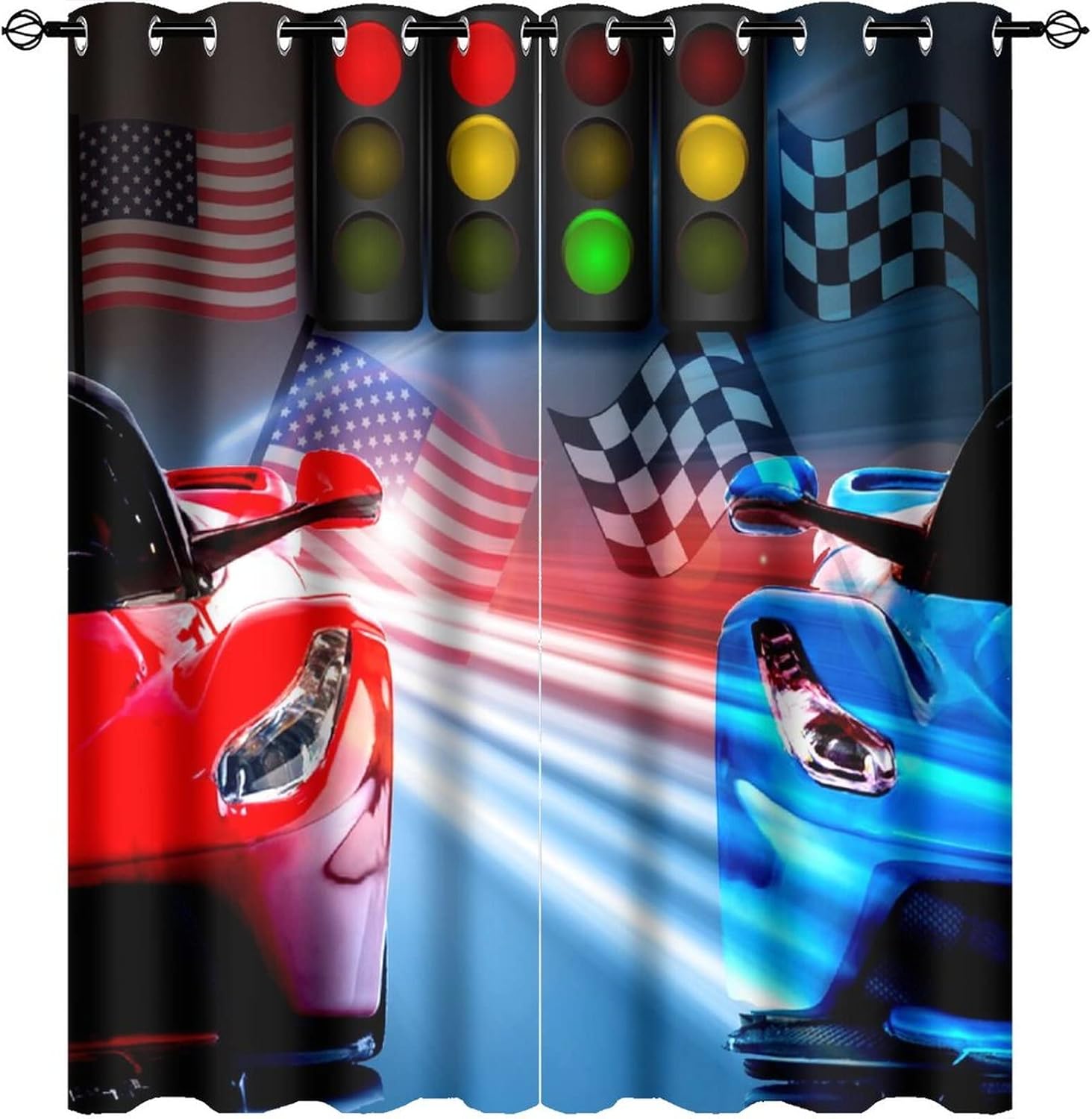 Red Blue Racing Car Ultra Soft Premier Blackout Curtains,Teens Extreme Sports American Flag Checkered FlagThermal Insulated Bedroom Noise Reducing Patio Door Grommet Top,2 Panels 63L x 27.5W