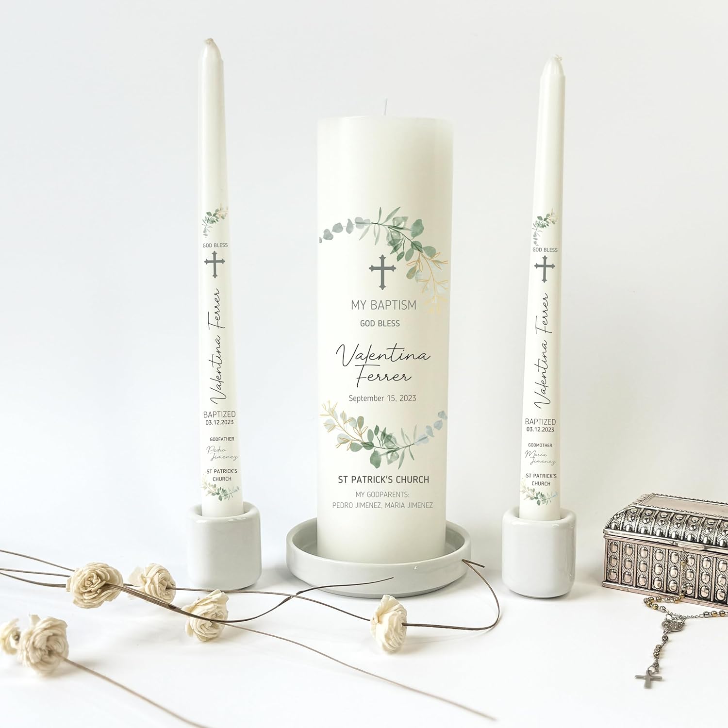 Baptism Candle Set, Set of 3, Personalized Pillar and Taper Candles, Unscented White Premium Wax, Great for Religious Celebration, Christening, Special Events or Gift (Zinnia)