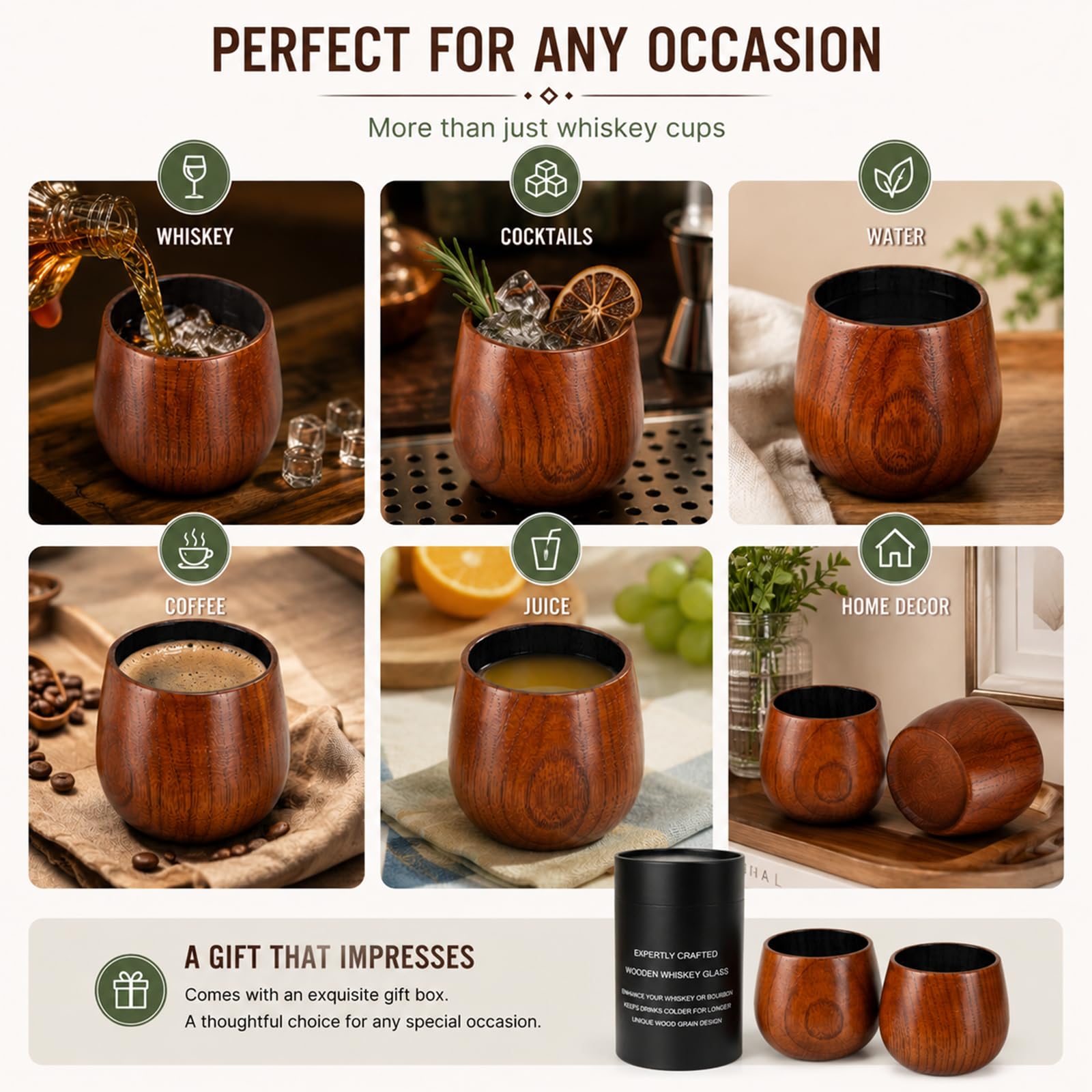 Verre à Whisky en Bois, Lot de 2 Verres à Dégustation Old Fashioned avec Intérieur Carbonisé pour Adoucir le Goût, Verre à Bourbon et Rhum, Design Évasé pour Amplifier les Arômes