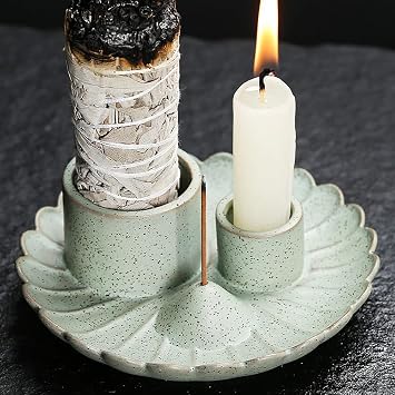 Sage and Palo Santo Candle Holder, Ceramic 4 in 1 Incense Burner Holder, Ash Catcher Tray for Home Office Meditatio Yoga Room Arts Cyan