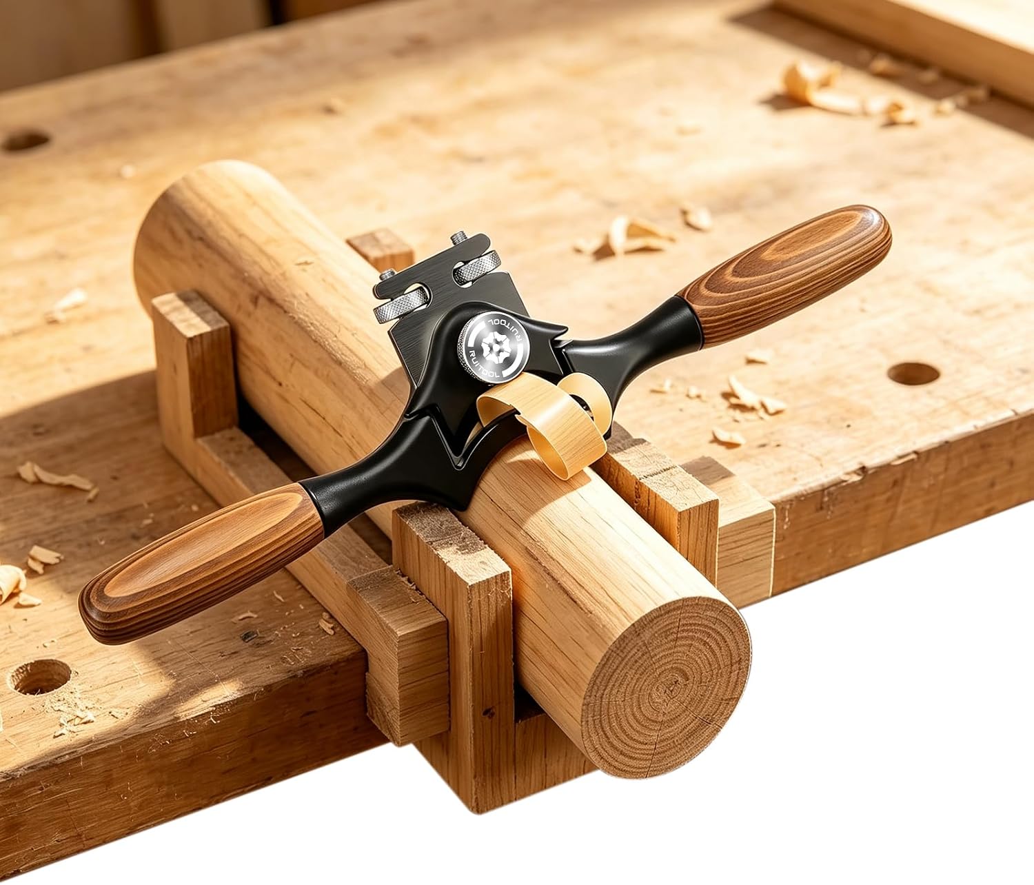 RUITOOL Adjustable Concave Spokeshave for Round Rods and Curved Surfaces | 65# Manganese Steel Blade, HRC 56-64, 3 mm Thick, Ductile Cast Iron Body, Beech Handles, for Rods, Spindles and Curved Wood