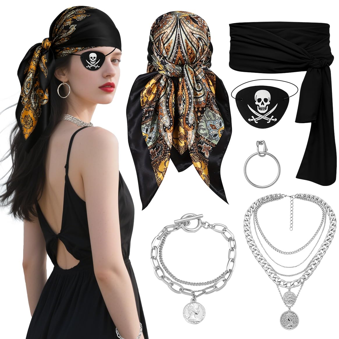Glirop 6Pcs Pirate Costume Accessories, Medieval Bandana Kit Renaissance Captain Role Play Set with Headscarf Sash Necklace Bracelet Eye Patch Earring for Women Men Halloween Party Carnival (Black)