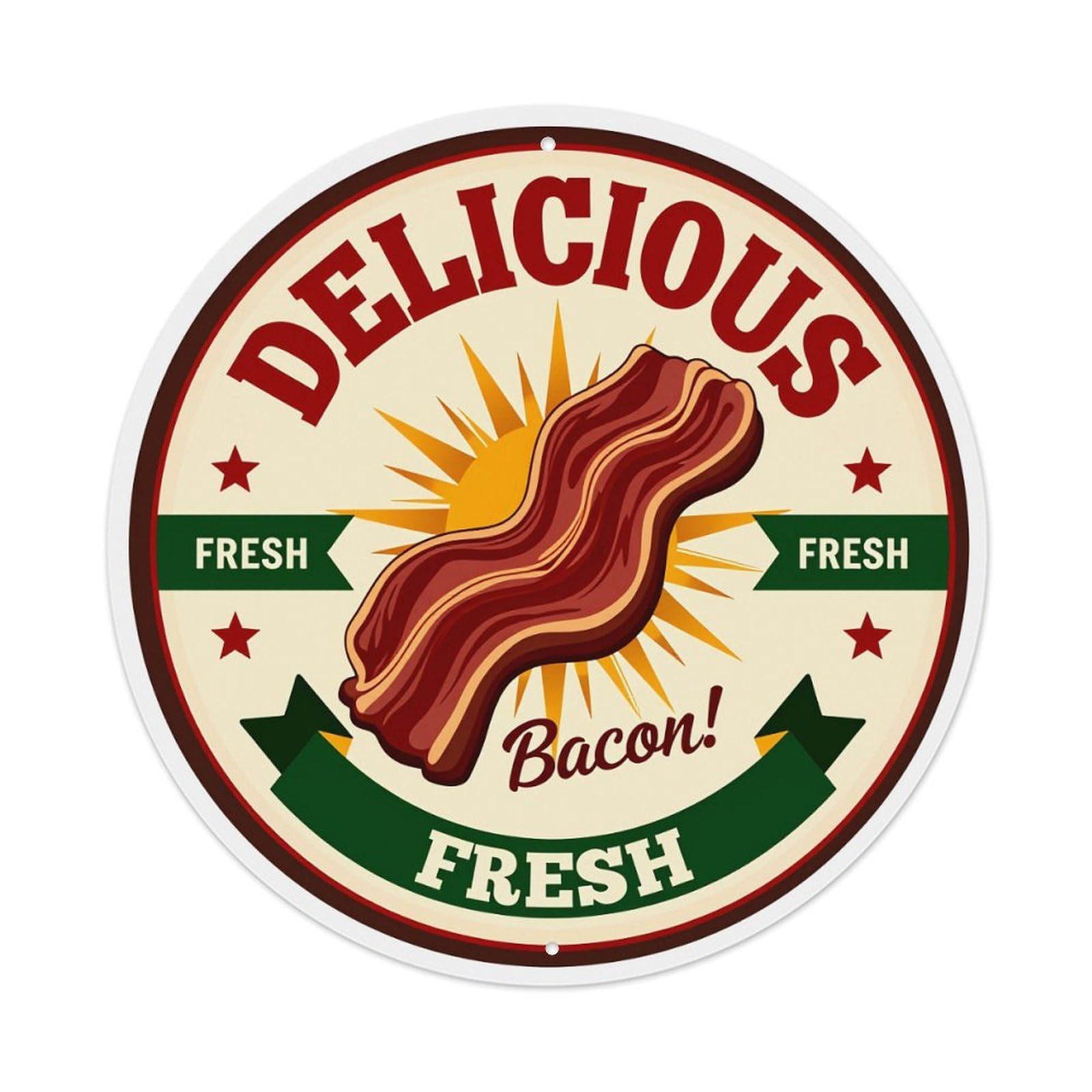 Delicious Fresh Bacon Pattern Print Round Tin Sign Vintage Metal Poster, Home Bar Garage Man Cave Cafe Indoor & Outdoor Wall Decoration 8x8Inches