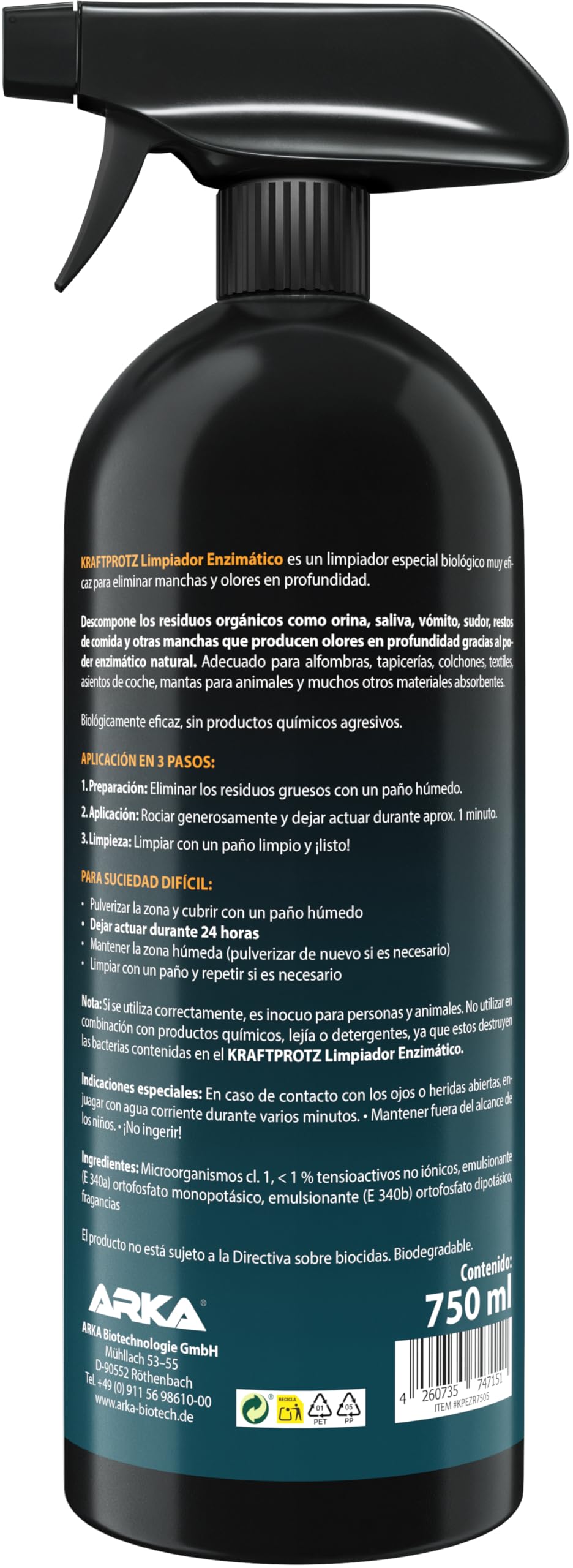 Limpiador enzimático 750 ml – KRAFTPROTZ Limpiador biológico para Manchas y olores – Limpieza Profunda y cuidadosa – Ideal para alfombras, tapicerías, colchones, Textiles, Coche y hogar