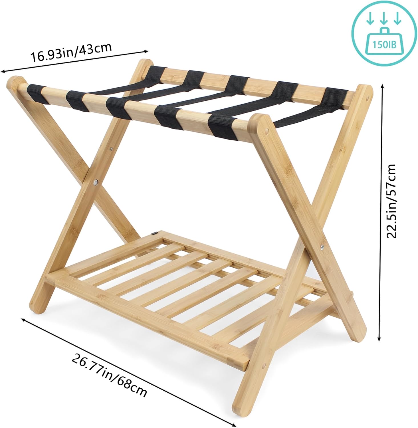 Fully Assembled Bamboo Luggage Rack, Heavy Duty Folding Suitcase Stand with Storage Shelf, Guest Room Essentials, Ideal for Bedroom, Hotel, Natural