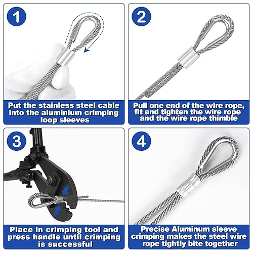 Miniatura 4 de TooTaci Kit de cuerda de alambre de 1/8, cable de acero inoxidable recubierto de vinilo de 100 pies con 50 fundas de crimpado y 20 dedales, cable