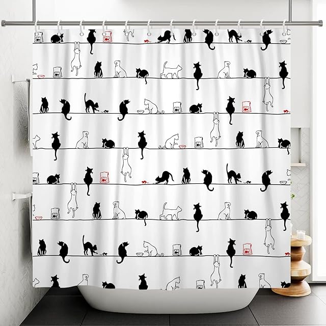 Bovlleetd 71x71inch Cartoon Cat Shower Curtains Funny Black and White Cat on the Rope Shower Curtain Waterproof Bathtub Art Curtain Simple Bathroom Curtain with Hooks for Bathroom Bthtub Decor