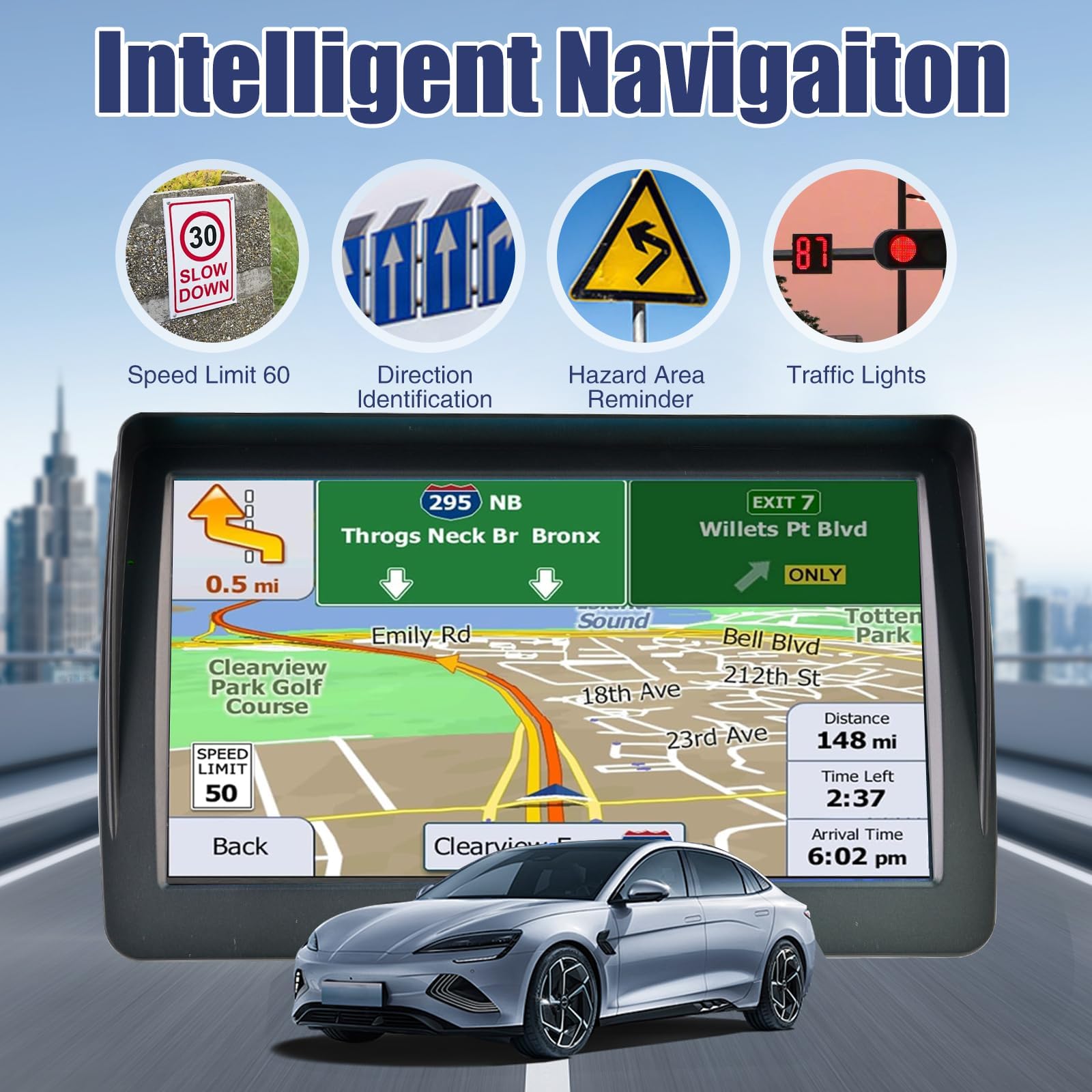 7Inch Sat Nav for Cars & Trucks HD touch screen with UK & Europe maps, HGV routes, lifetime updates, postcode search, speed camera alerts, voice guidance, and POI support for safer, easier navigation — view 6