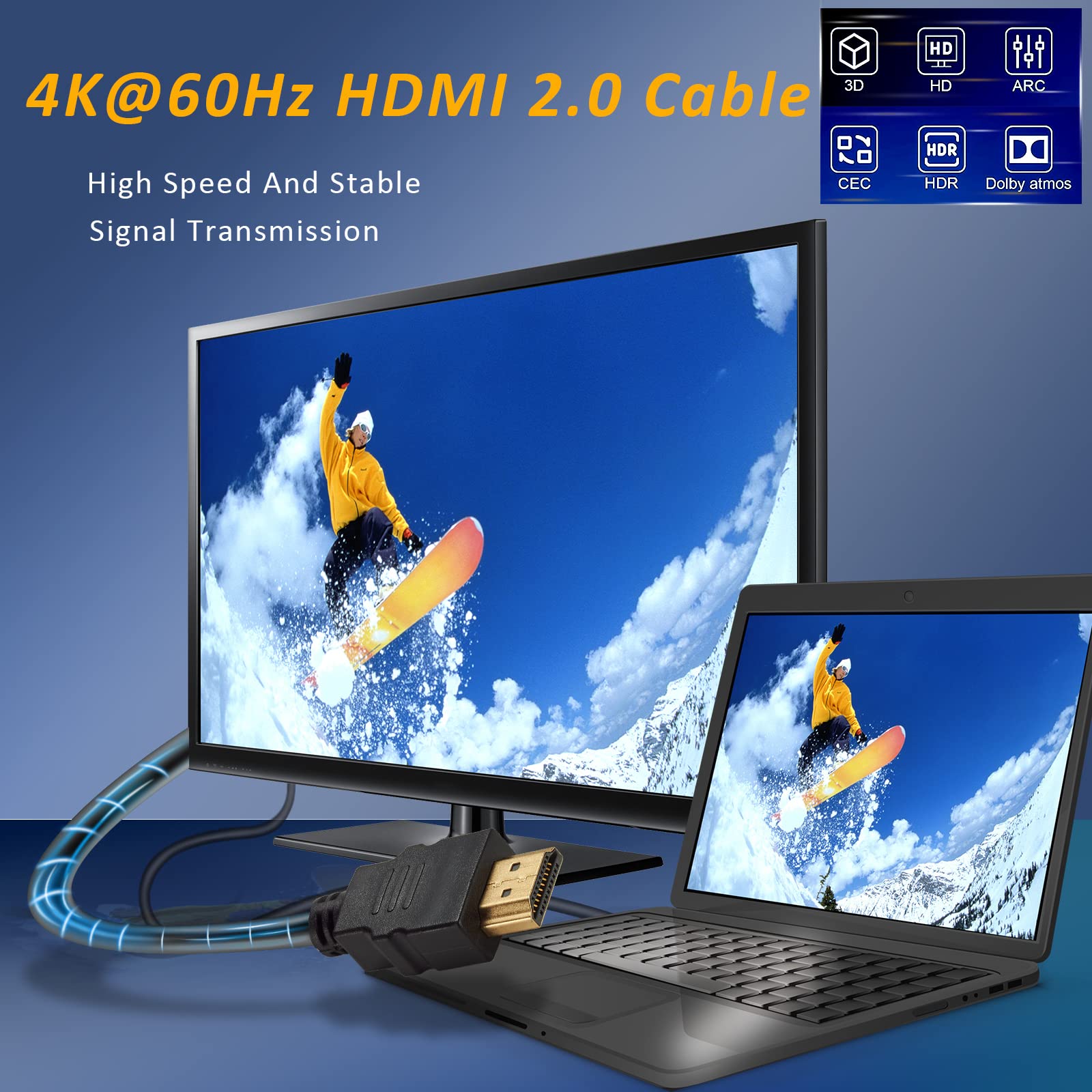 Cable HDMI a HDMI 2.0, adaptador HDMI de alta velocidad 4K 60Hz macho a macho, compatible con cámara, videocámara, portátiles, tarjeta gráfica, HDTV, tableta, EOS RP/EOS 7D Mark II/XA40, 4.9 5