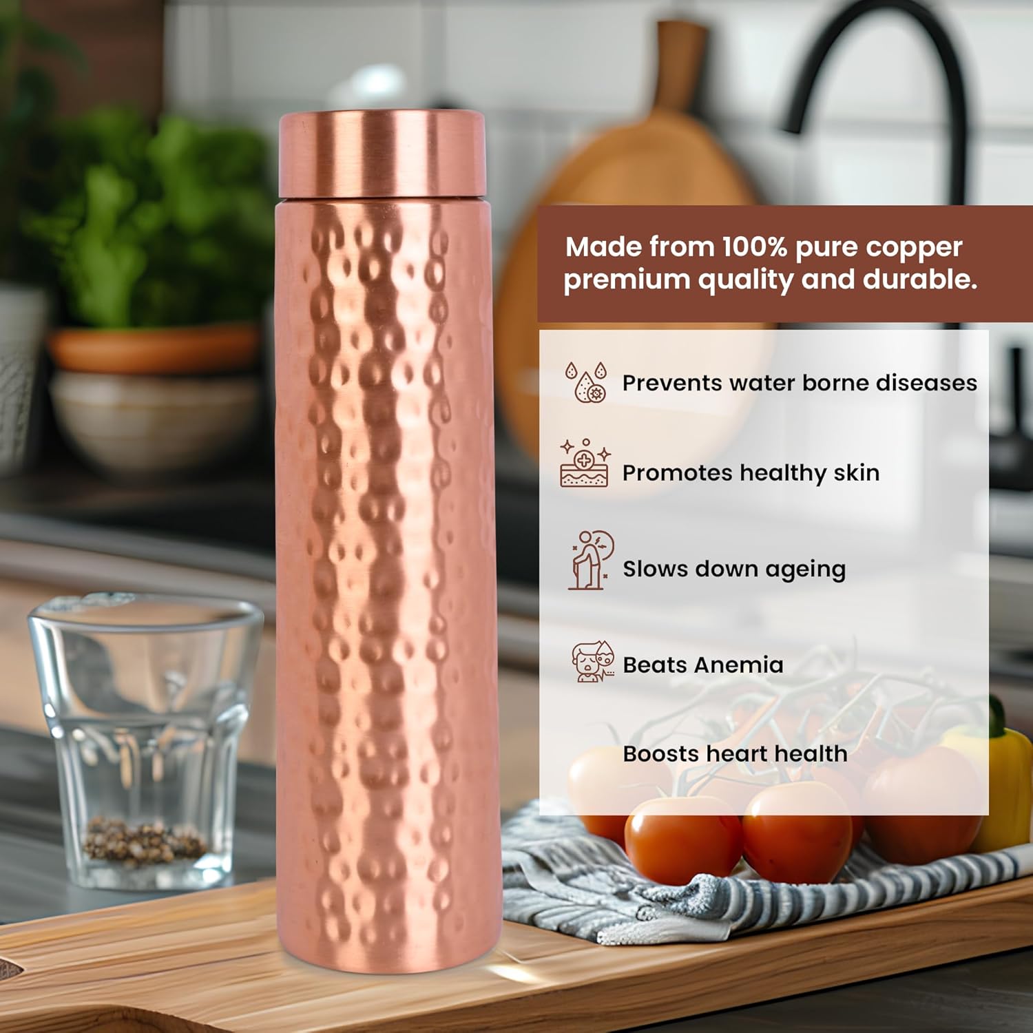 Hammered Copper Water Bottle (25.4oz/750ml) with Juco Bag - Handcrafted 100% Pure Copper Vessel for Drinking Reusable & BPA Free Leak-Proof Bottle Healing Benefit for Travel, Office, Sports