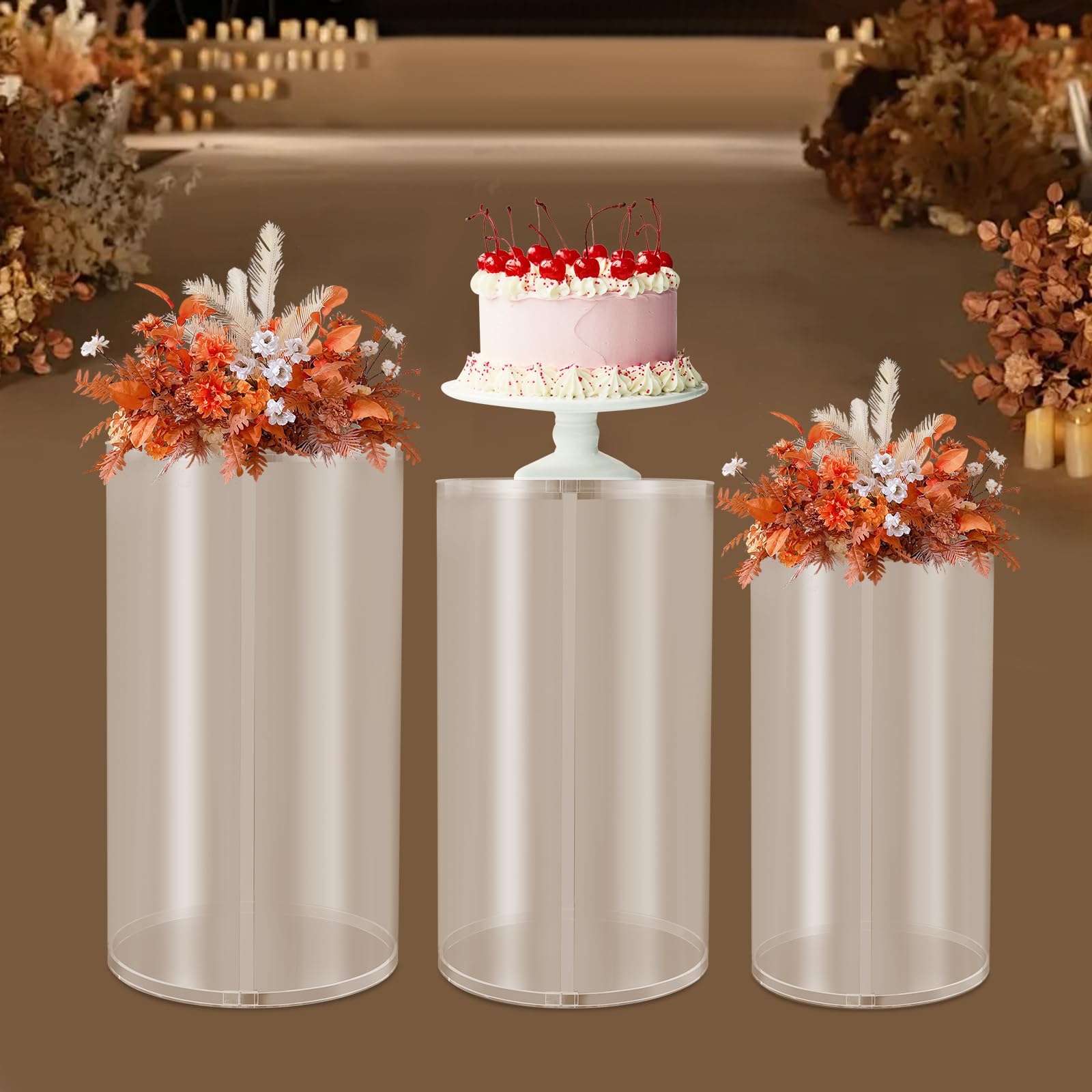 3 soportes cilíndricos redondos para flores, velas, tartas de postre, soporte para columnas de mesa para bodas, fiestas, 60 x 33 cm, 55 x 30 cm, 50 x 26 cm, hasta 33 kg (transparente)