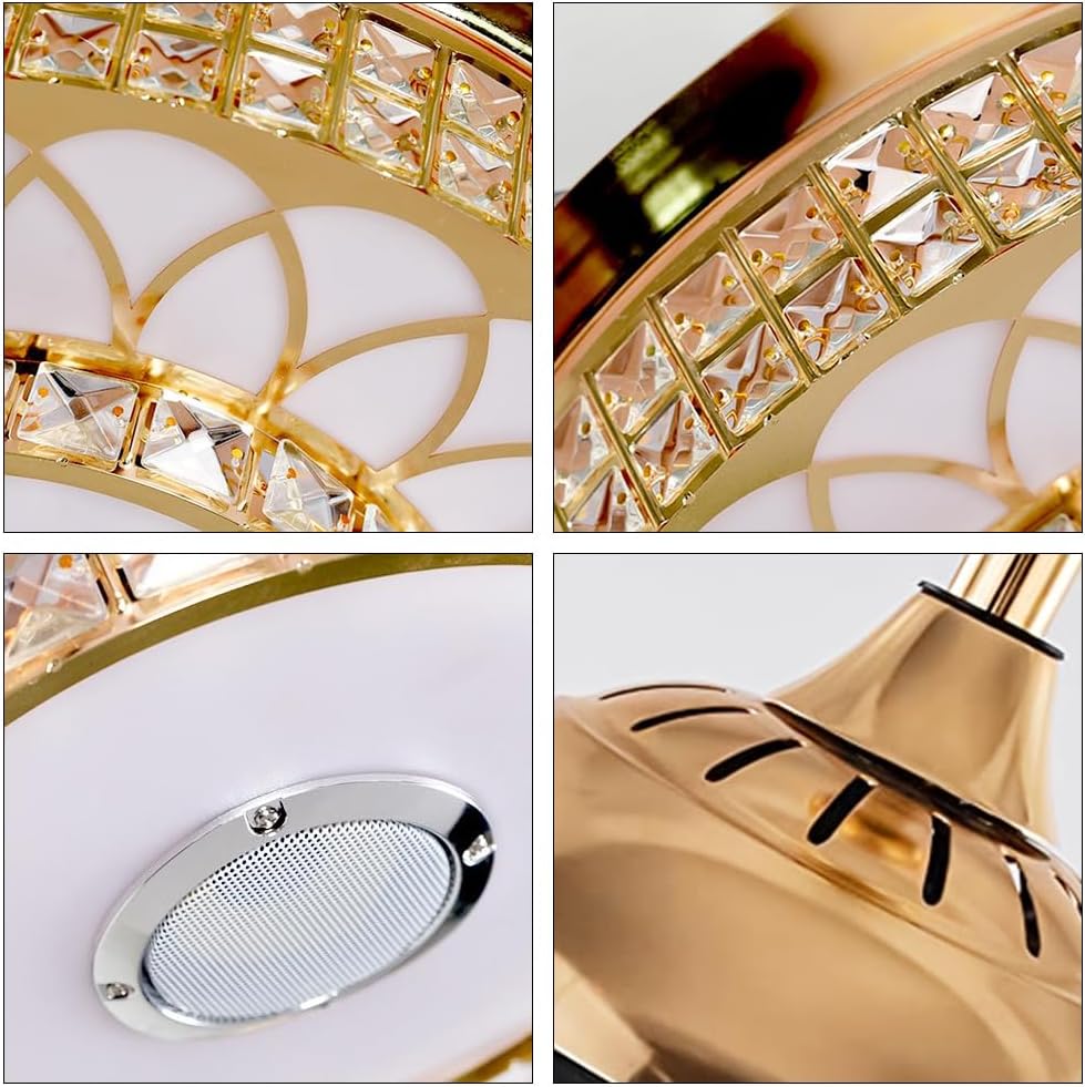 RuiWing 42" Luxury Crystal Fandelier Bluetooth Ceiling Fan with Light and Speaker, Modern Ceiling Fan Chandelier with Remote Control Retractable Invisible Music Player for Living Room