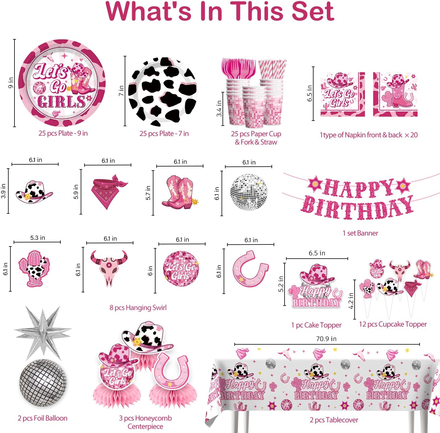Cowgirl Birthday Party Decorations Pink Western Girl Banner Cake Decorations Disco Cowgirl Plates and Napkins Set for Rodeo Hot Pink Let's Go Girls Party Supplies - Image 2