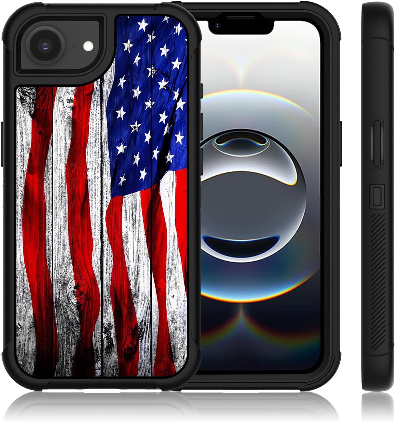 Compatible with iPhone 16E Case for Men Women, 3-Layer Rugged Shockproof Anti-Slip Hard Bumper Silicone Rubber Heavy Duty Protection Cover for SE 4 - Red White Wood American Flag
