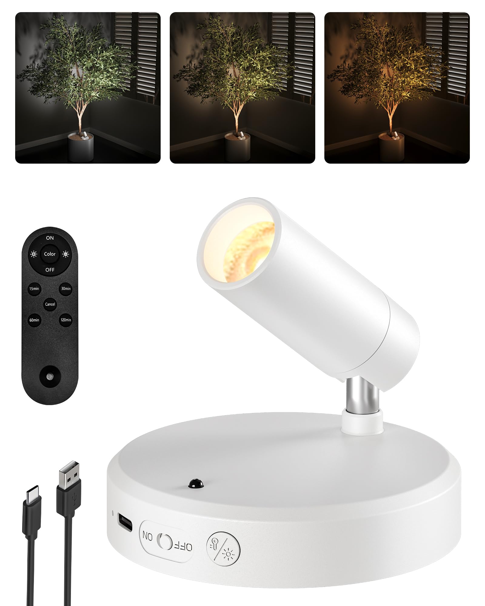 EZVALO Kabellose Spotlight 5500mAh, 3 Farben Dimmbar Wandspot mit Fernbedienung & Timer-Funktion, 350° Drehbare Aufladbare Wandlampe für Bilderbeleuchtung, Pflanzenbeleuchtung (Weiß, 1 Stück)