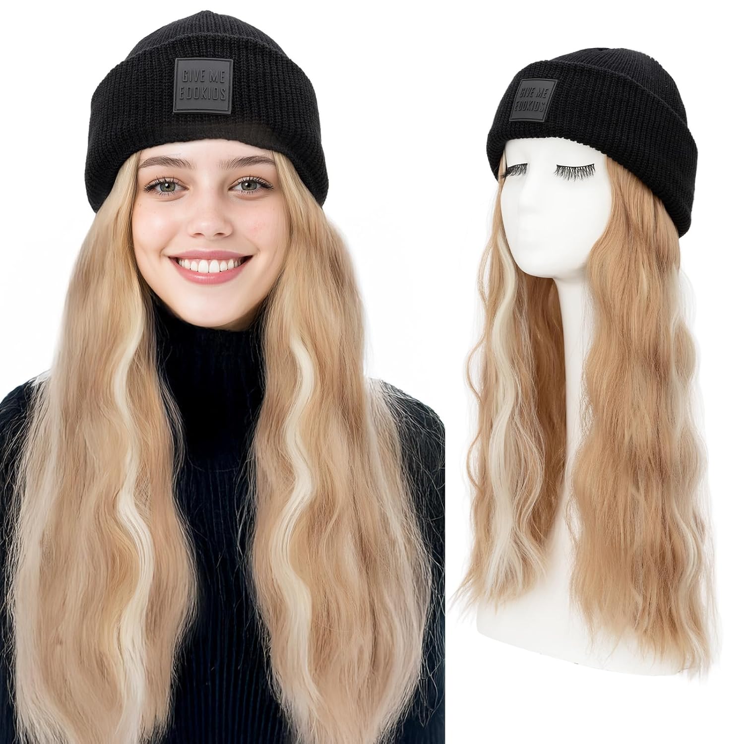 SEGO Beanie Wig for Women Hat with Hair Extentions Synthetic 18 Inch Wavy Hairpiece Winter Warm Knitted Hat With Hair Attached for Women Girls 18P613