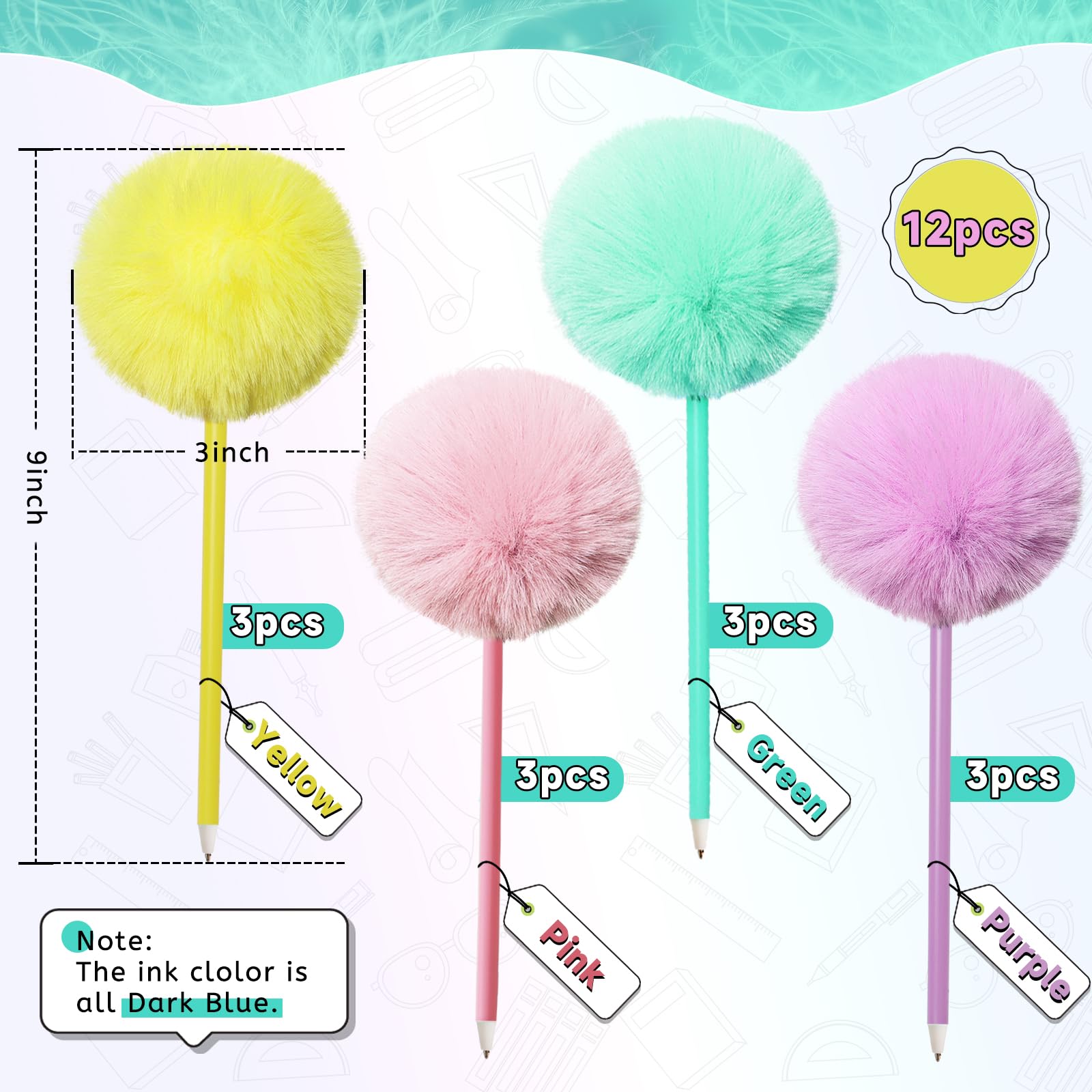 Lot de 12 stylos à bille colorés et duveteux pour filles - Fournitures de fête - Stylo cadeau mignon et fournitures de bureau