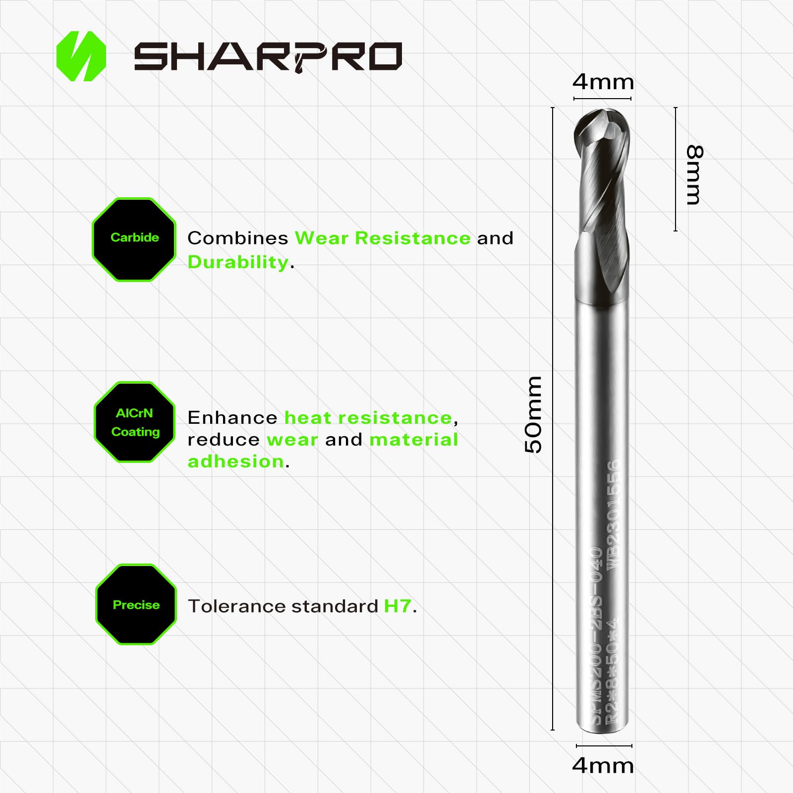 SHARPRO Carbide Ball Nose End Mill - Precision Cutting -2 SHARPRO Carbide Ball Nose End Mill - Precision Cutting -2