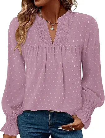 BETTE BOUTIK Women Boho Long Sleeve Shirts Dressy Casual V Neck Fall Fashion Tops Swiss Dot Flowy Blouses