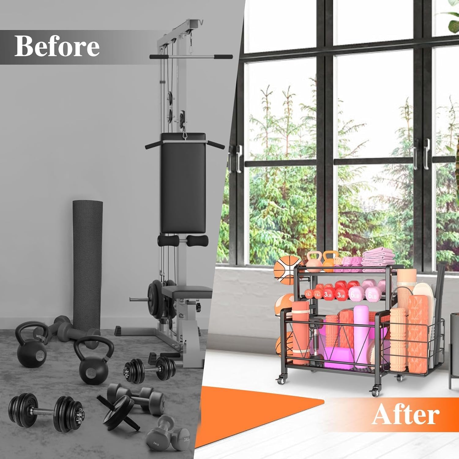 FFitness Rastrelliera per Manubri con Ruote Per Attrezzatura da Allenamento Supporto Pesi Attrezzi Yoga Tappetini Kettlebell Rack Palestra Domestica Gym
