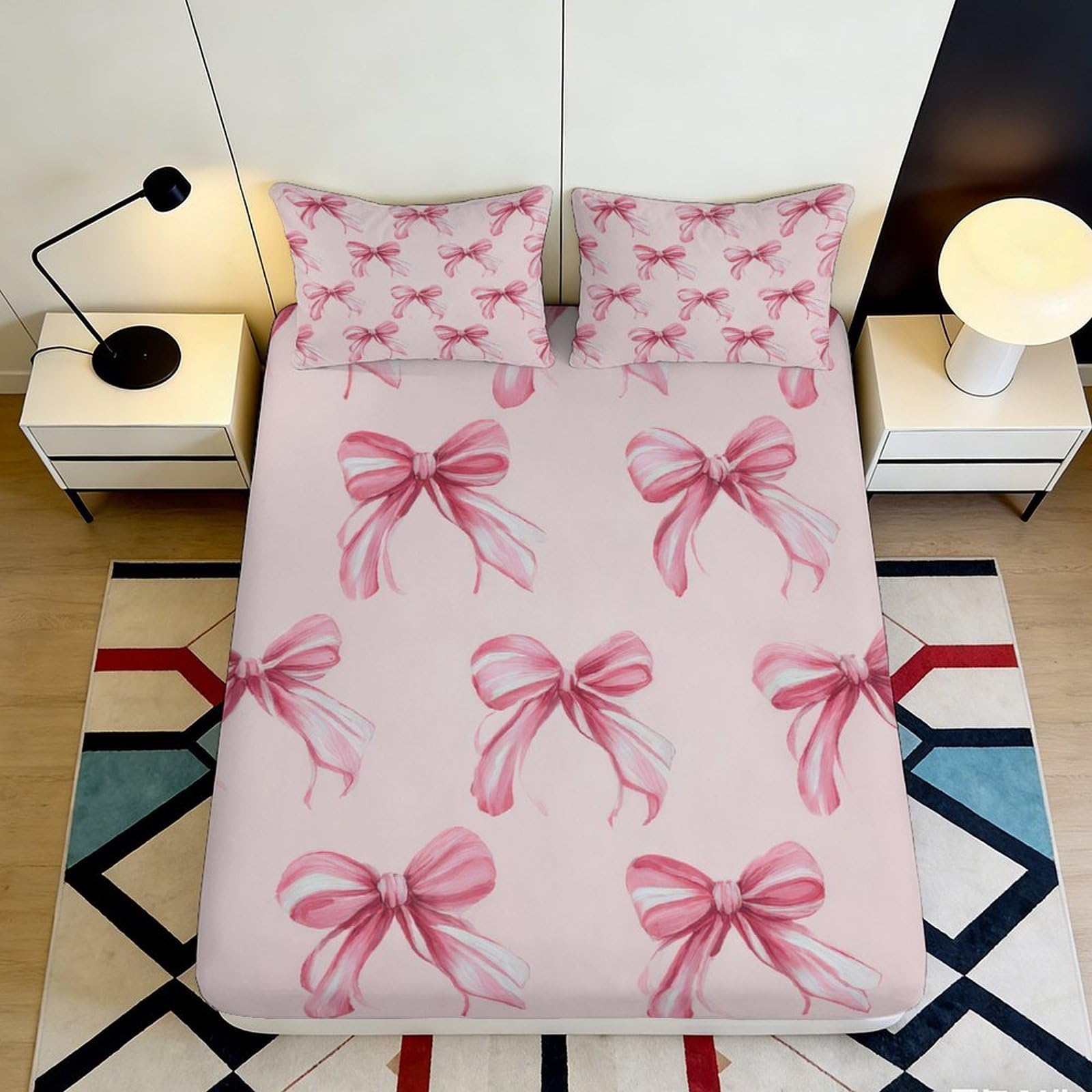 3D Printed Pink Bow Fitted Sheet Microfiber Soft Anti-Slip Ribbon Pattern Mattress Cover for Bedroom Guestroom Decor 90x200x25cm