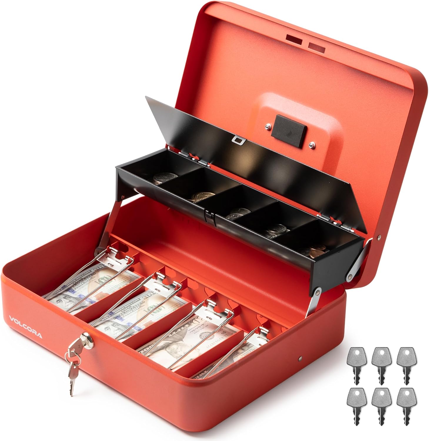 Volcora Large Cash Box with Key Lock, Metal Money Box for Cash, Portable Locking Safe Box with Money Tray, Durable Money Saving Organizer for Yard Sale, Garage Sale, Small Business, Rose Gold