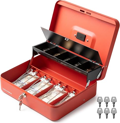 Miniatura 10 de Volcora Caja de Efectivo Grande con Cerradura de Llave, Caja de Dinero de Metal para Efectivo, Caja Fuerte Portátil con Cerradura y Bandeja de