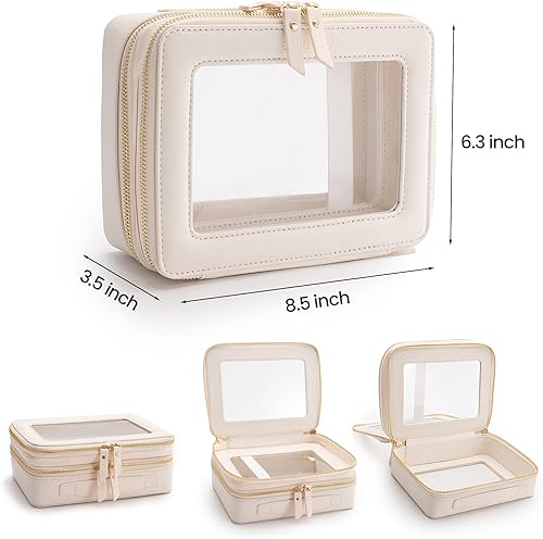Miniatura 2 de Bolsa de maquillaje transparente con cremallera y asa, bolsa de viaje transparente portátil para mujeres y hombres, Blanco sucio, Moda