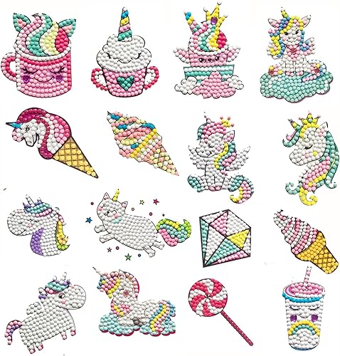 LVIITIS Kit de calcomanías aleatorias de dibujos animados de pintura de diamantes para niños (16 quilates), calcomanía impermeable para hacer