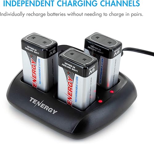 Miniatura 4 de Tenergy TN294 - Cargador de batería de iones de litio de 4 bahías y 9 V + 4 baterías recargables de iones de litio de 9 V y 600 mAh