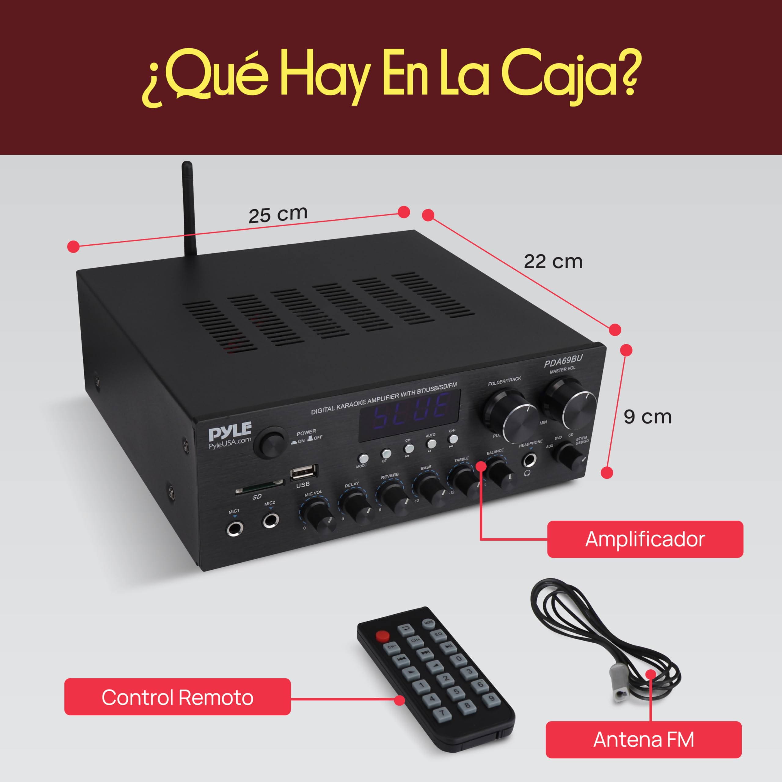 Pyle Amplificador de Audio, para el hogar, Estudio, 300W, Bluetooth, Estereo, 2 Canales, Sistema de Audio MP3, USB, SD, AUX, RCA, Microfono, Audiofonos, FM, LED