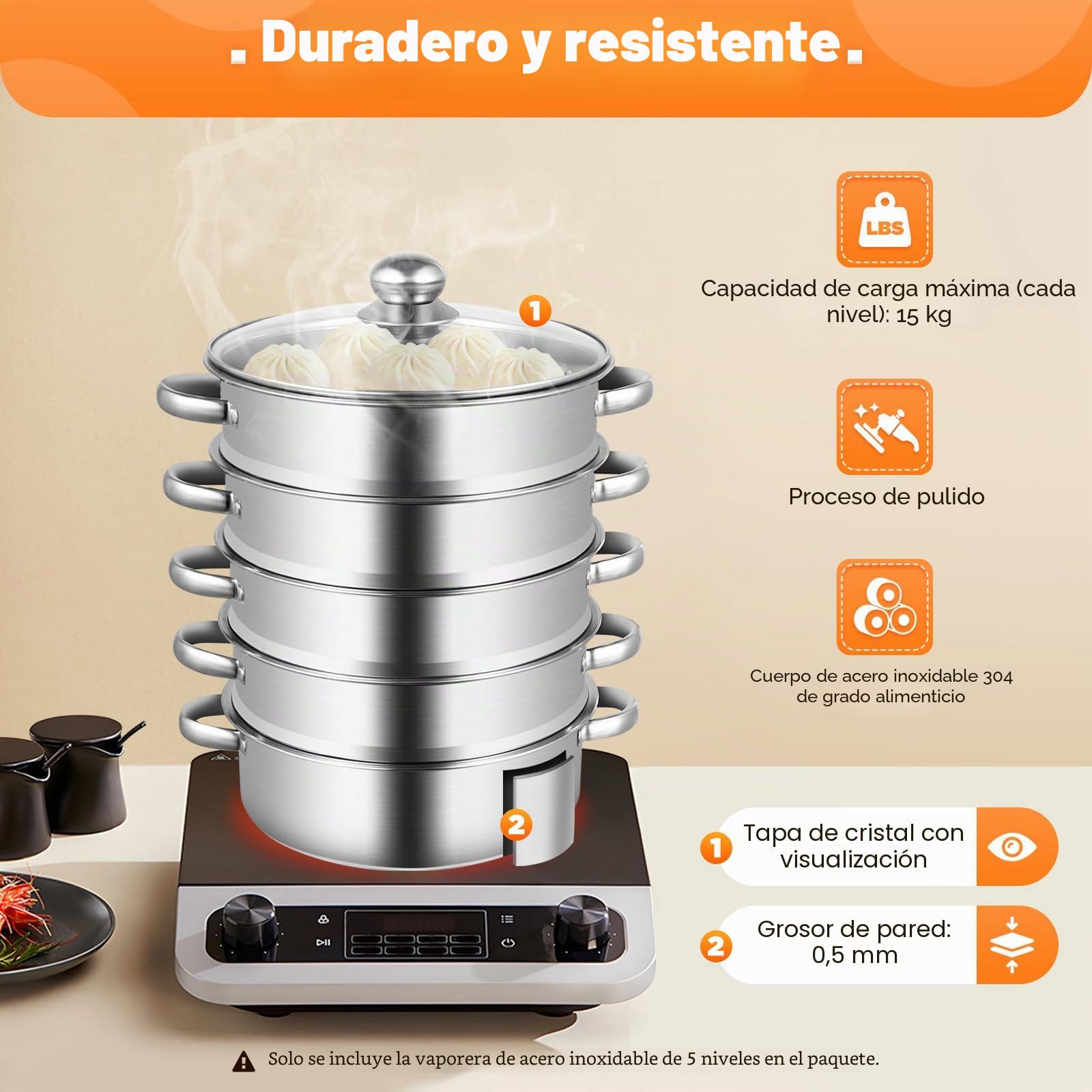 Vaporera de 5 niveles, acero inoxidable, vaporizador, apilable, diámetro de 26 cm, olla de vapor, olla con sartén y tapa de cristal, para cocinar (plata)