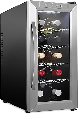 Schmécké 10 Bottle Thermoelectric Wine Cooler/Chiller - Stainless Steel - Counter Top Red & White Wine Cellar w/Digital Temperature, Freestanding Refrigerator Smoked Glass Door Quiet Operation Fridge