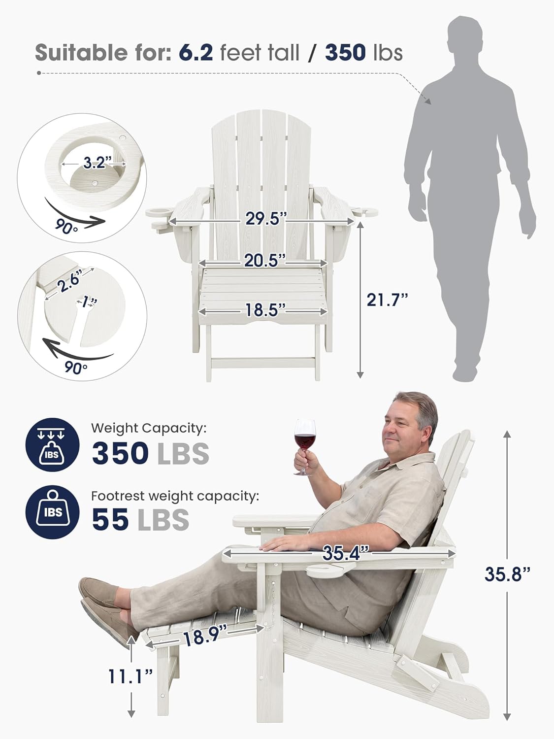 KINGYES Folding Adjustable Adirondack Chair with Ottoman & 2 Cup Holders, HDPE Adirondack Recliner Chair with Footrest, White