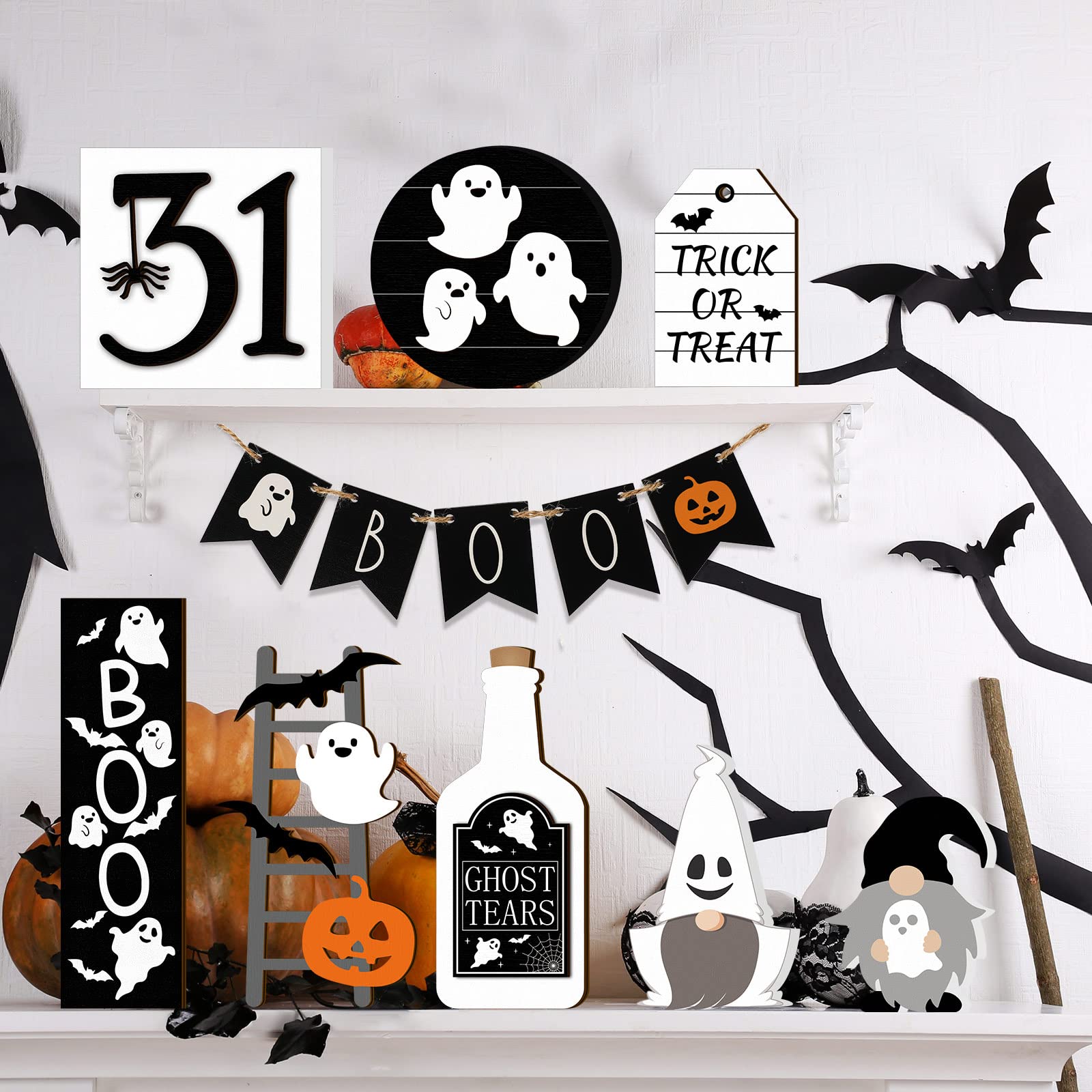 3-teiliges Set Primitive Halloween-Geister Auf Holzständern – Rustikale Tischdekoration Für Regal, Kaminsims & Herbst-Deko