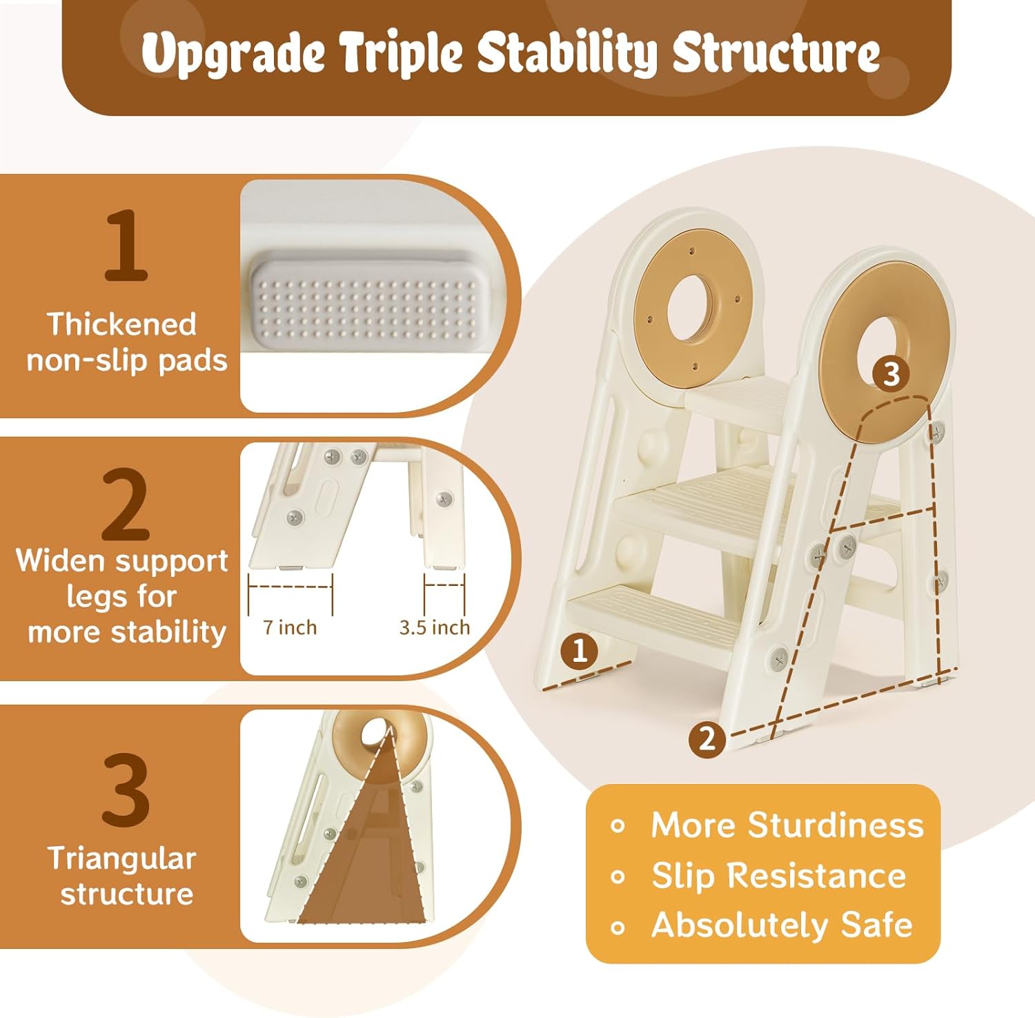 Foldable 2-3 Step Toddler Stool for Bathroom Sink, Non-Slip Kids Helper, Potty Training Toilet Step, Adjustable Child Standing Stool, Ages 18 Months to 3 Years (Cream)