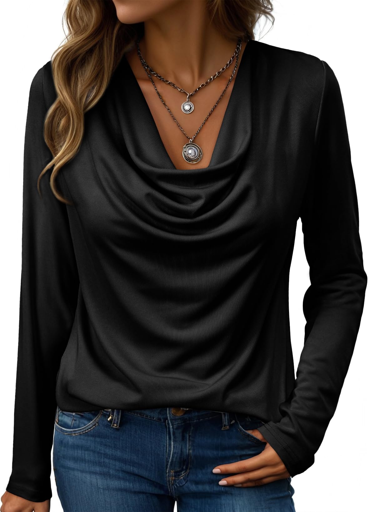 EVALESS Womens Tops Trendy 2025 Fall Cowl Neck Shirts Long Sleeve Teacher Clothes Office Business Dressy Casual Outfits