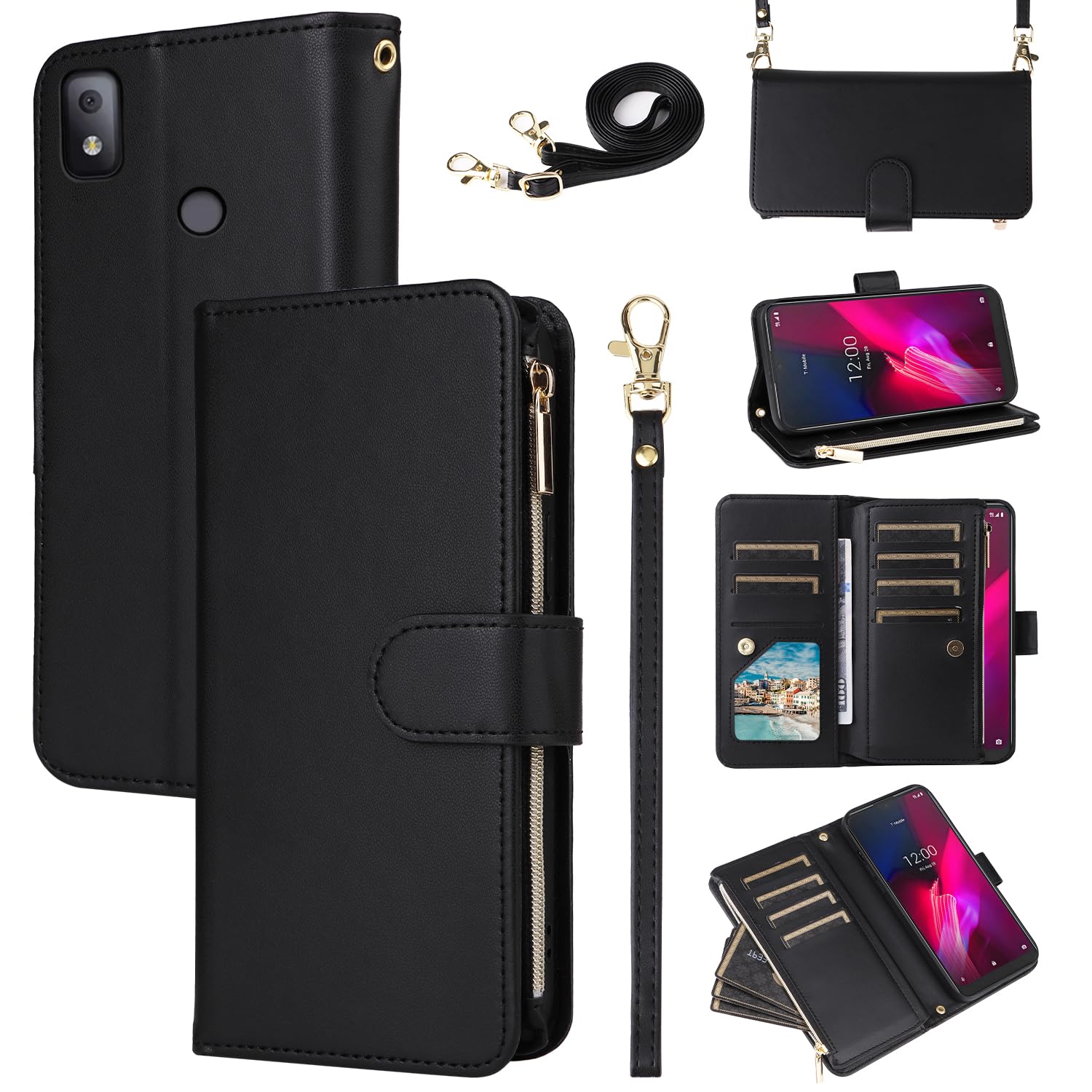 Furill Wallet Case for T-Mobile Revvl 4 with Crossbody Shoulder Strap Flip Zipper Purse Card Holder Slots Protector Stand Phone Cover Tmobile Revvl4 T