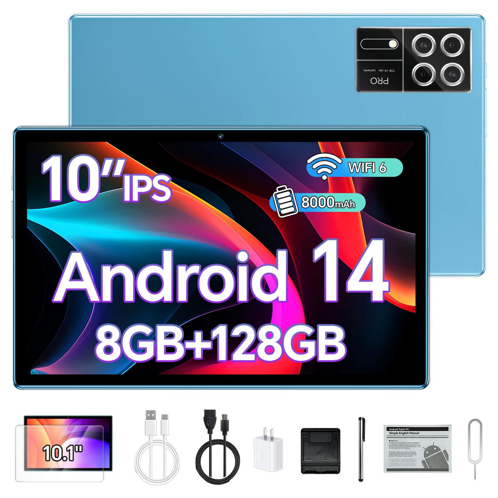 Xixaomiro S12 Tablet, 10.1 Polegada Android 14, 8GB+128GB Tablet