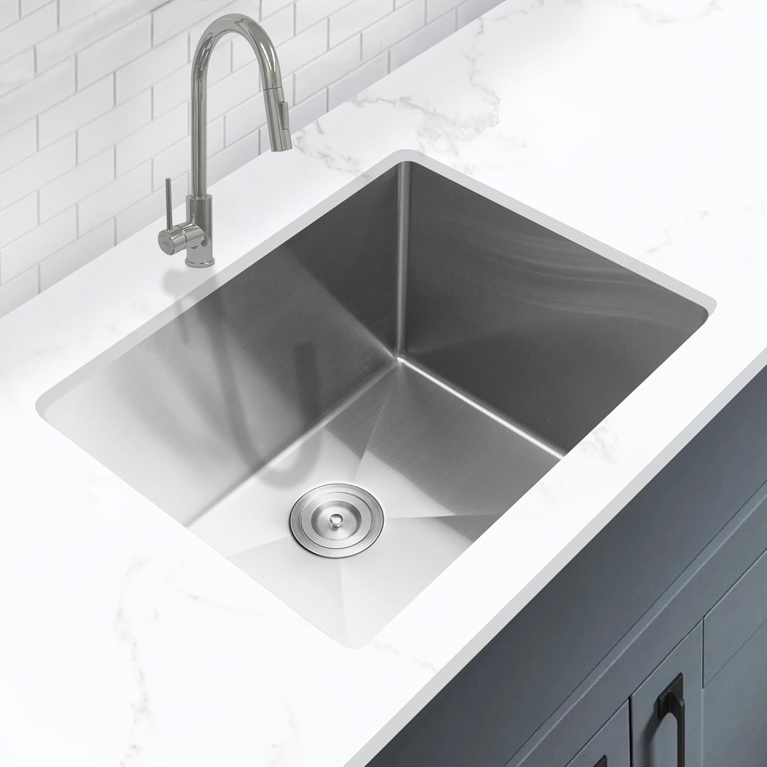 KABCO KLA23SS 23 Inch Wide 12 Inch Deep Commercial Sink 18 Gauge Undermount or Topmount Drop In Single Bowl Stainless Steel Laundry Utility Sink with Kitchen Sink Strainer 23x18x12 Inch