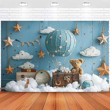 Hot Air Balloon Bear Baby Shower Photography Background Baby Boys One 1st Birthday Backdrop Luggage Adventure Background Cake Smash Kids Birthday Party Newborn Shower Backdrop,5x3feet