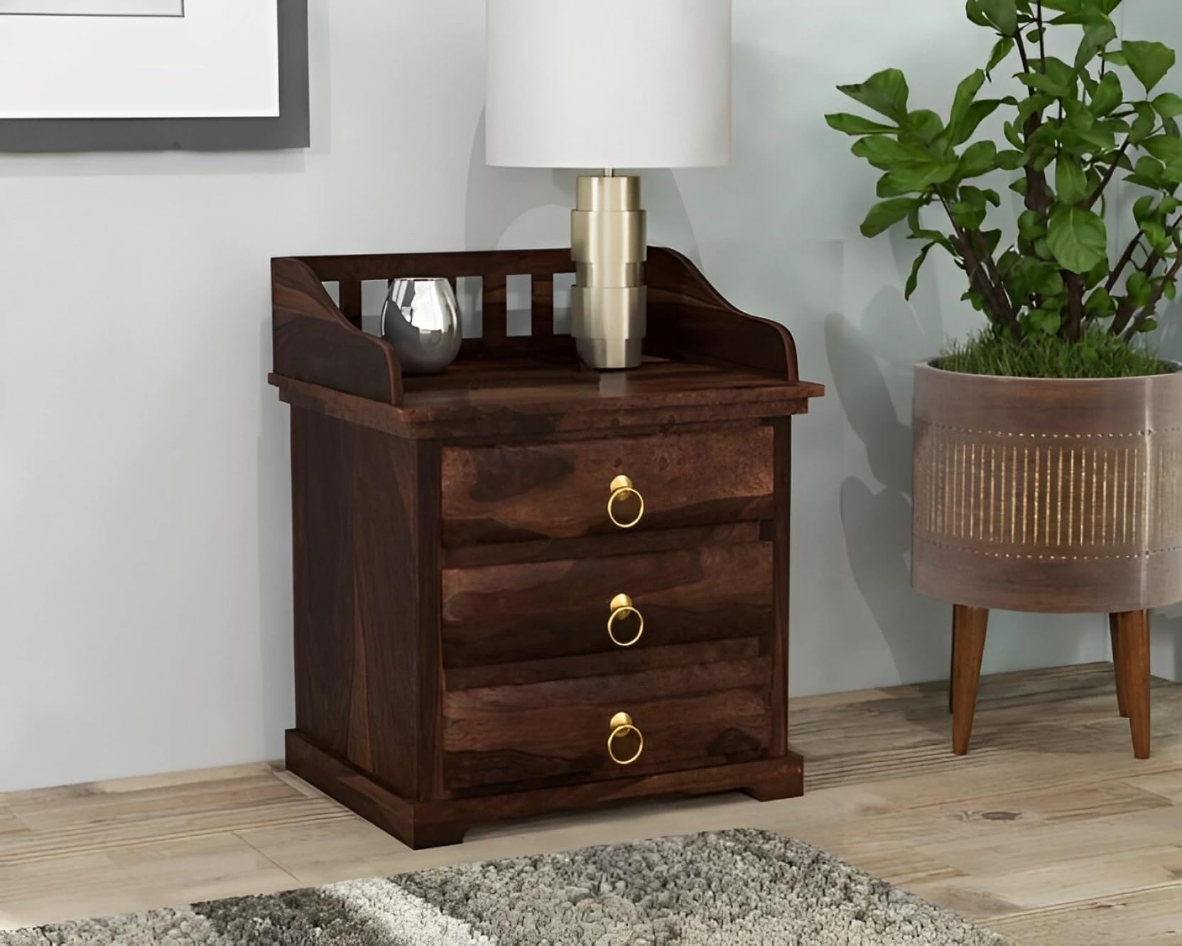Sheesham Wood Bed Side Nightstand Lamp Table with 3 Drawer for Bedroom Home Wooden Sofa Side Table for Living Room (Natural Walnut Finish)-image-22