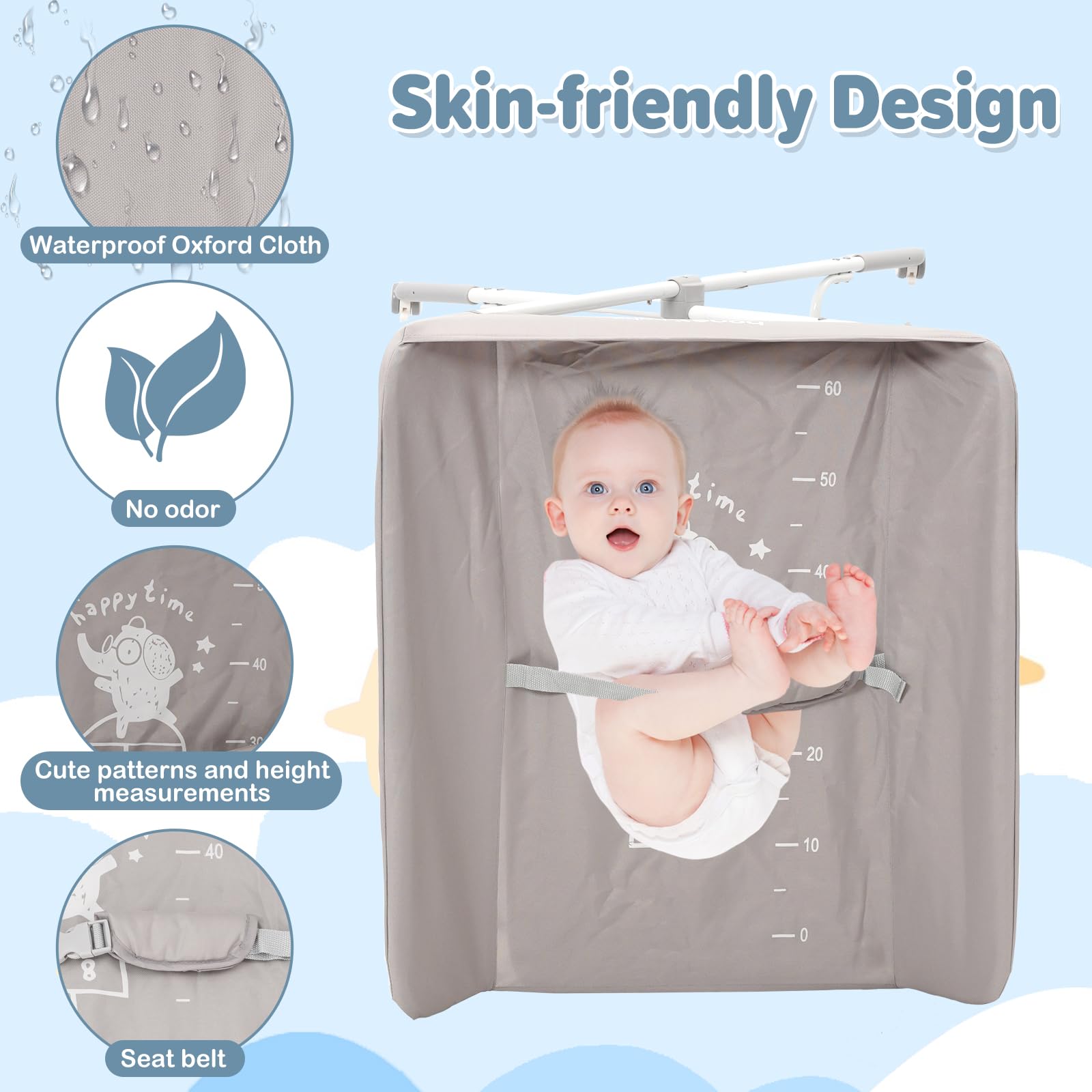 Cambiador plegable para bebé con patas de altura ajustable y ruedas bloqueables | Cambiador portátil antivuelco con almacenamiento para recién nacidos de 0 a 12 meses (gris)