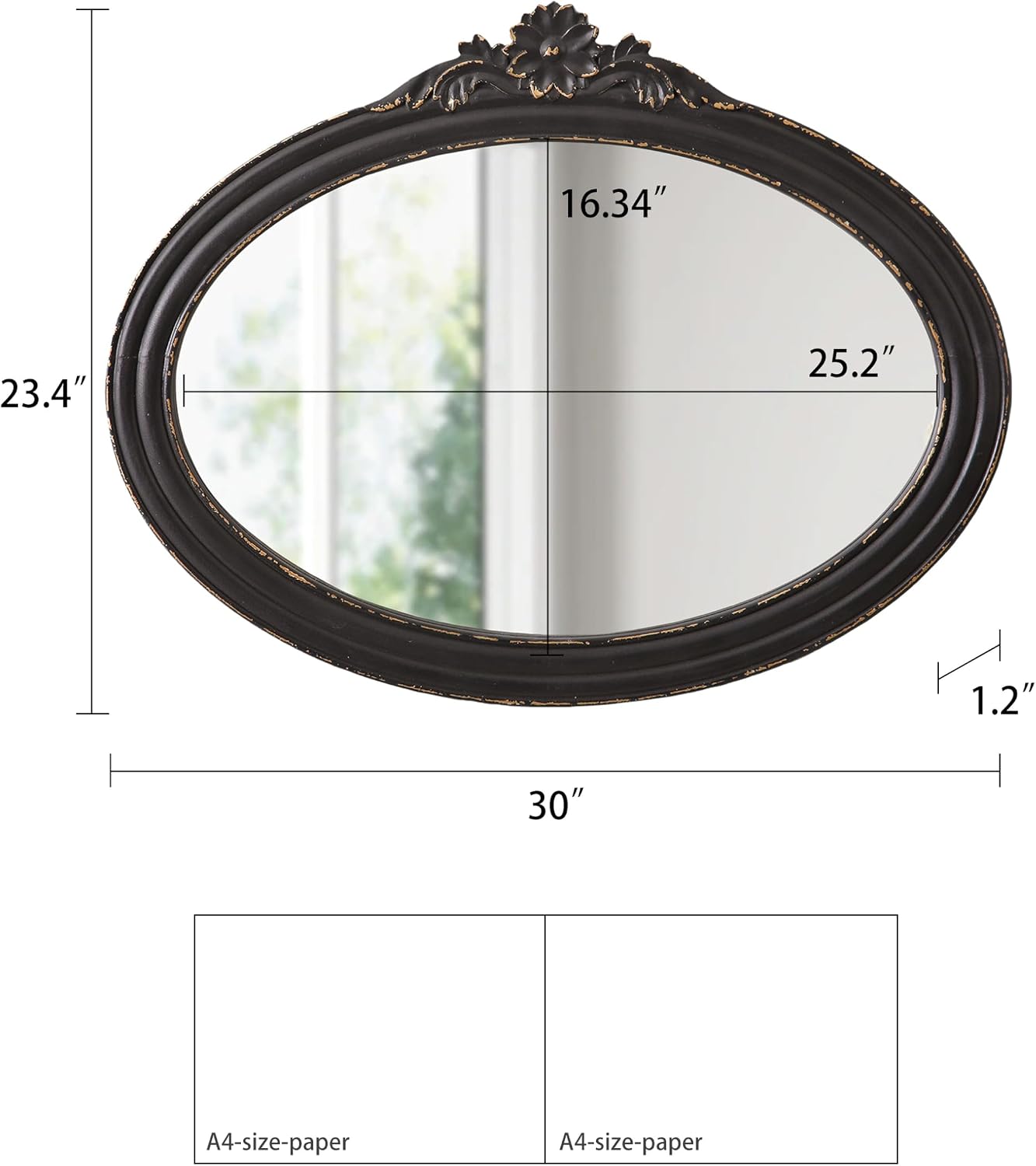 Rustic Oval Mirrors for Bathroom 30 X 24 Inch, Hanging Distressed Finish Black Wood Frame Vintage Wall Mounted Mirrors for Wall Decor Living Room Bedroom Entryway Hallway