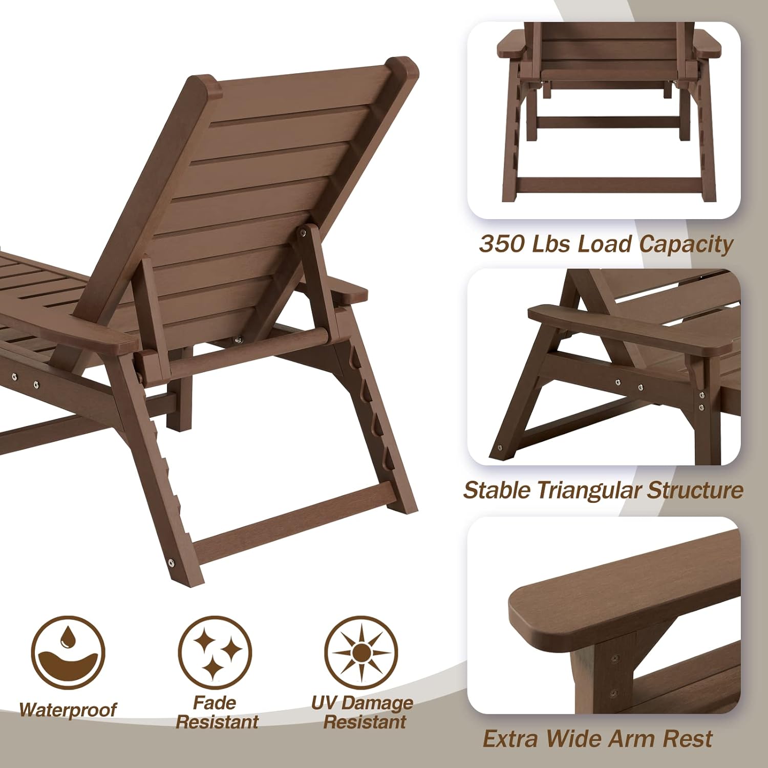 Chaise Lounge Set of 2, Poly Lumber, Outdoor Lounge Chair with Adjustable Backrest, Sturdy Weather Resistant Waterproof Fade Proof, for Poolside Patio Garden(Brown, 2 Pcs)