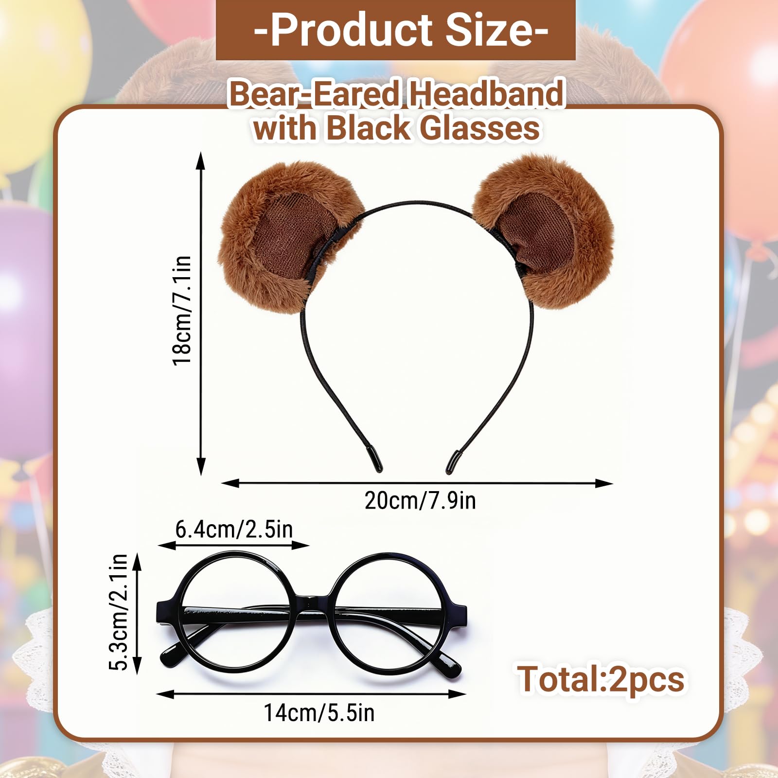 Bear Ears Headband with Glasses Frame, Brown Plush Hair Clip & Black Glasses, Complete Costume Accessory for Cosplay Carnival - Image 2