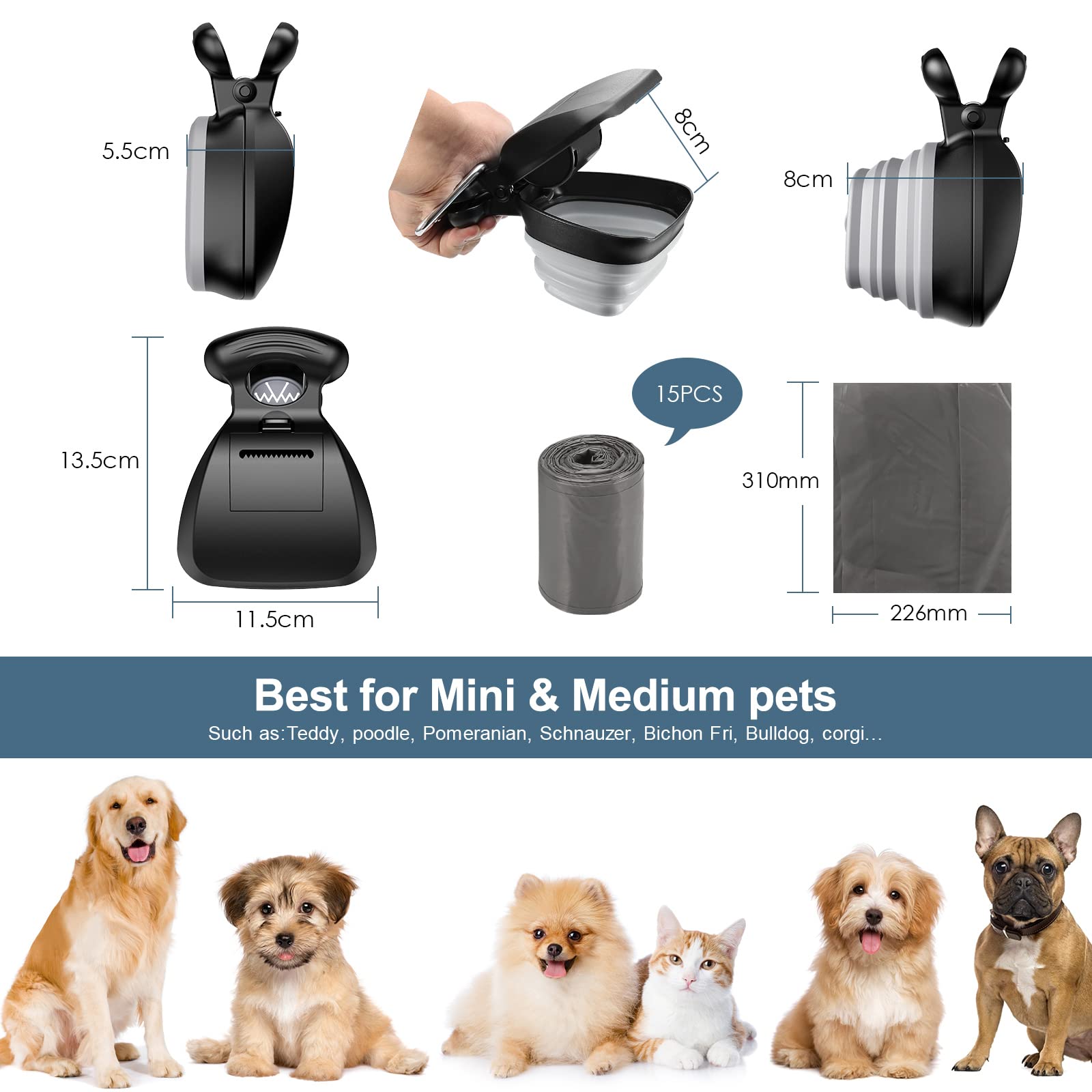 Pinza per Escrementi di Cani, Scoop per Animali Domestici, Raccogli Cacca Cane e Gatto con Dispenser Bag, Portatile Raccoglitore di Cacca (Include 1 Rotolo di Sacchi per Rifiuti)