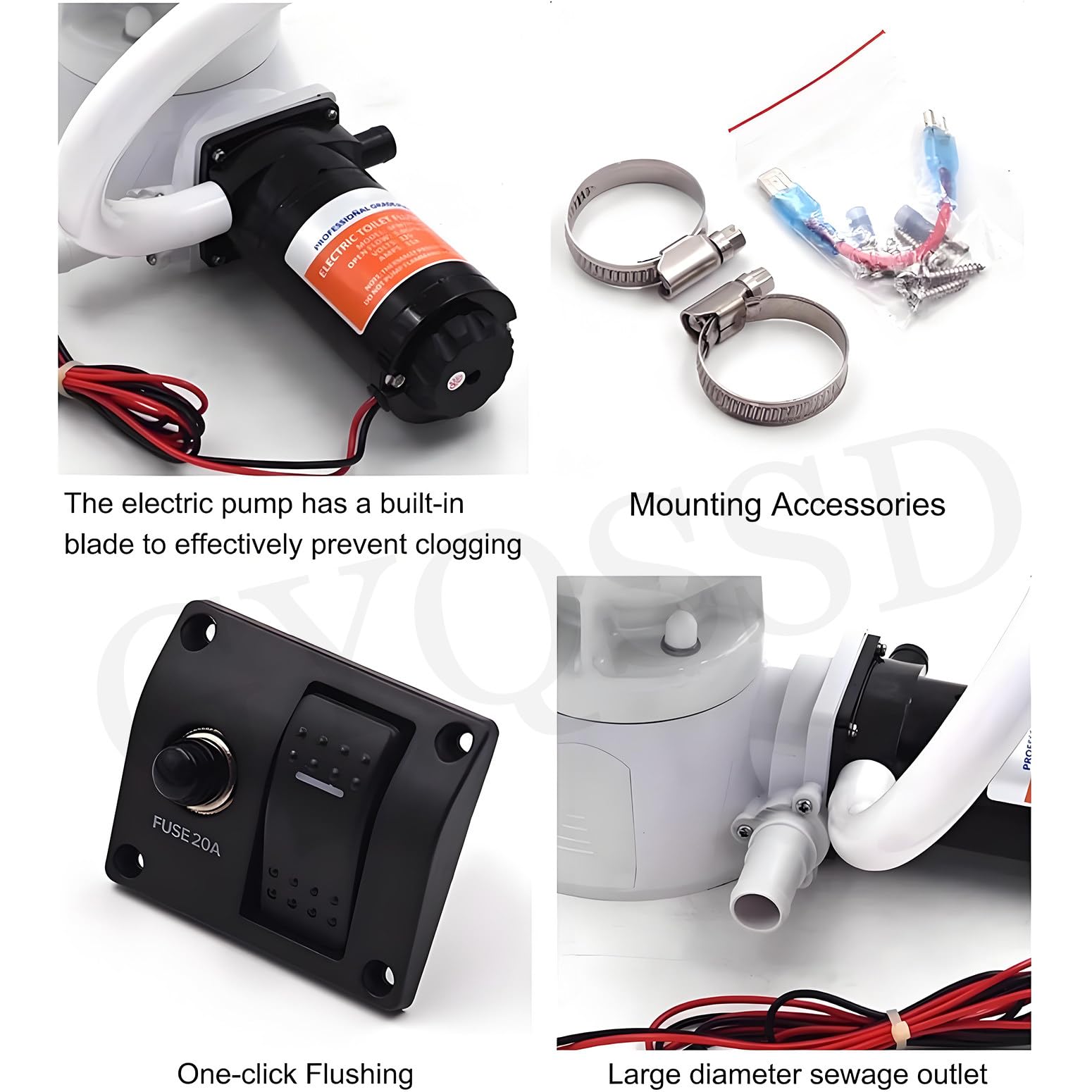 Inodoro eléctrico marino macerador de 12 V, silencioso, horizontal, para barco, para yates, caravanas, cámpers, solución compacta de cabezal de barco, asiento de cierre suave